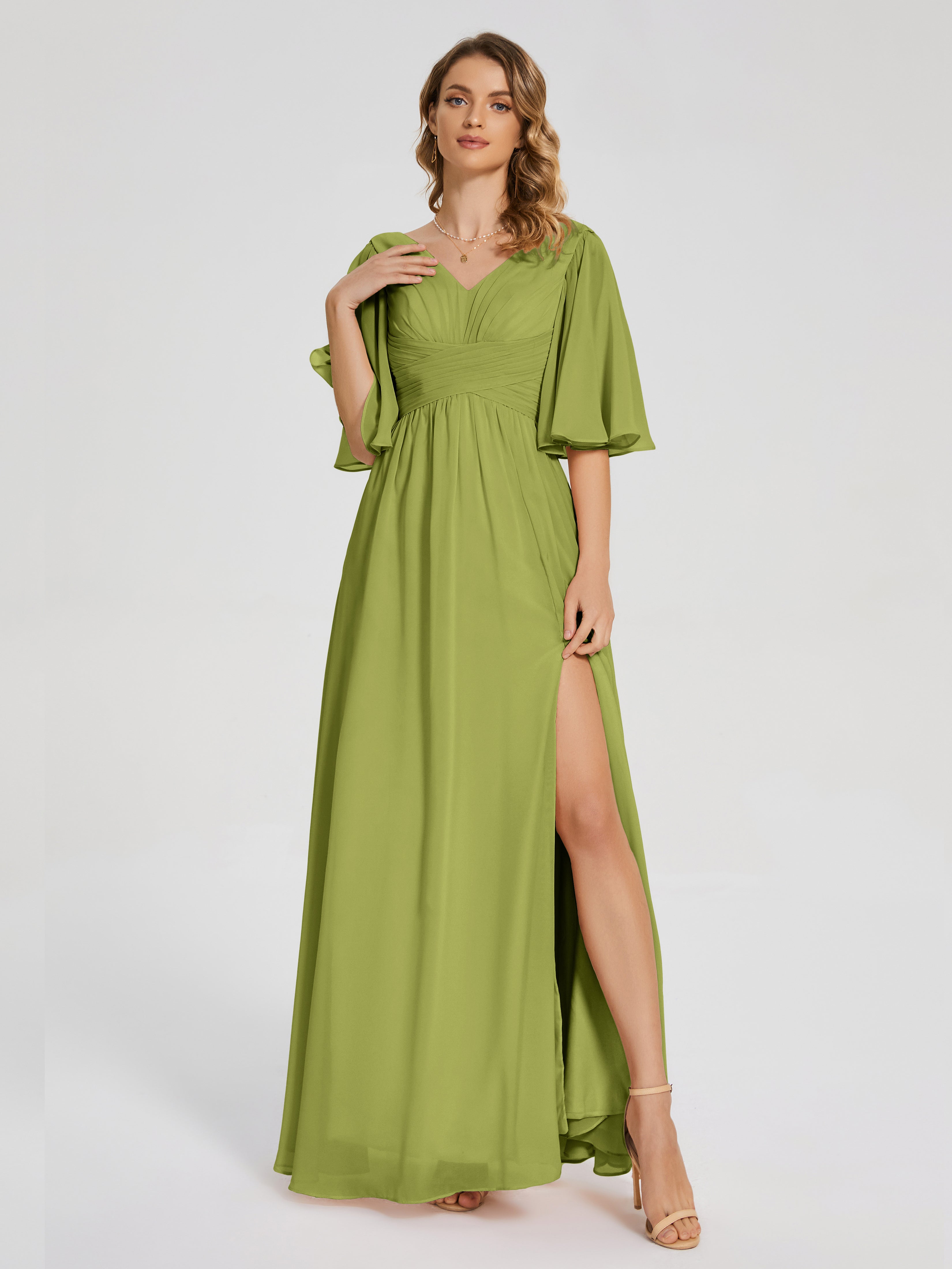 Amina Half Sleeves V-neck Chiffon Bridesmaid Dress