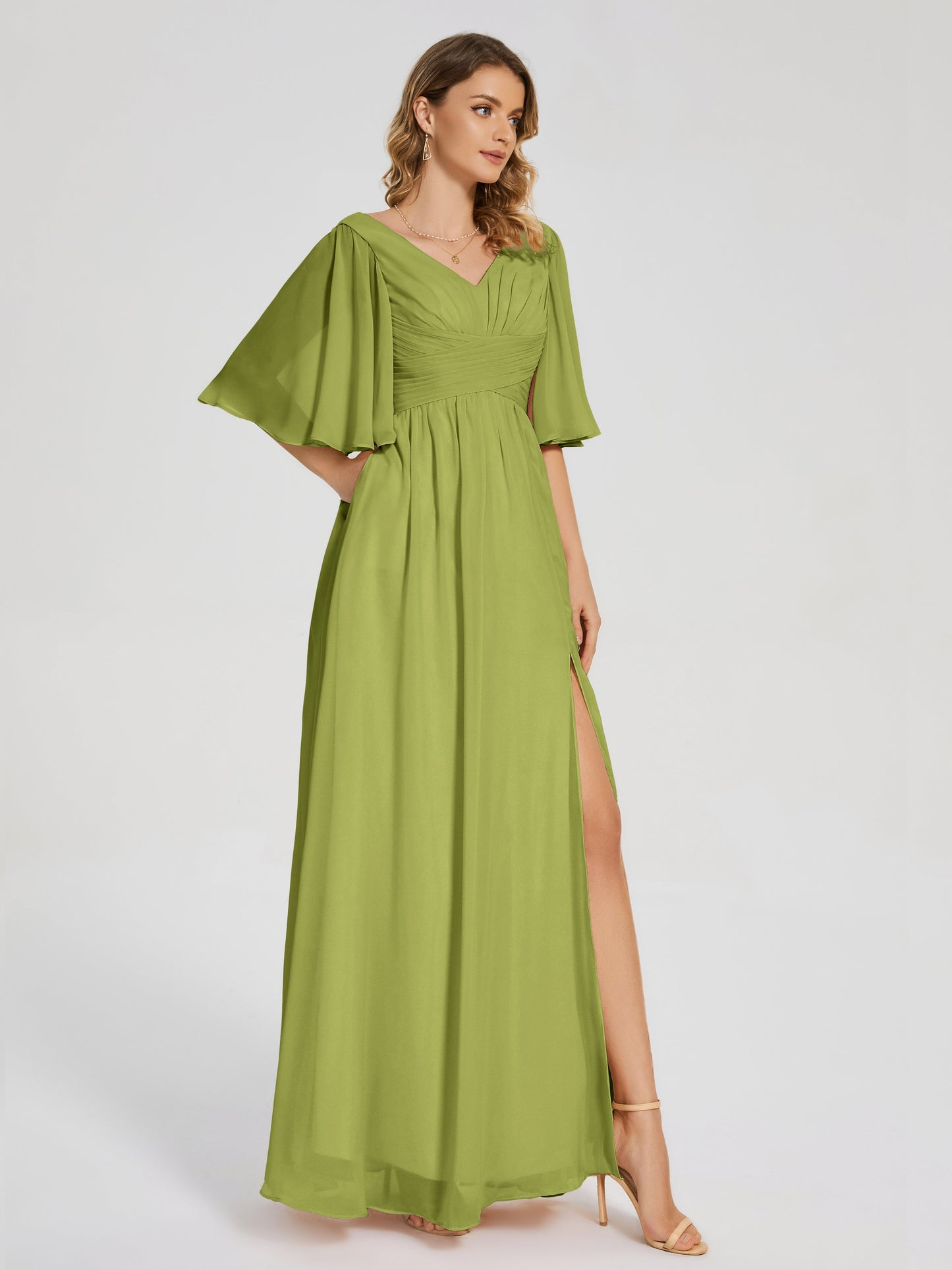 Amina Half Sleeves V-neck Chiffon Bridesmaid Dress
