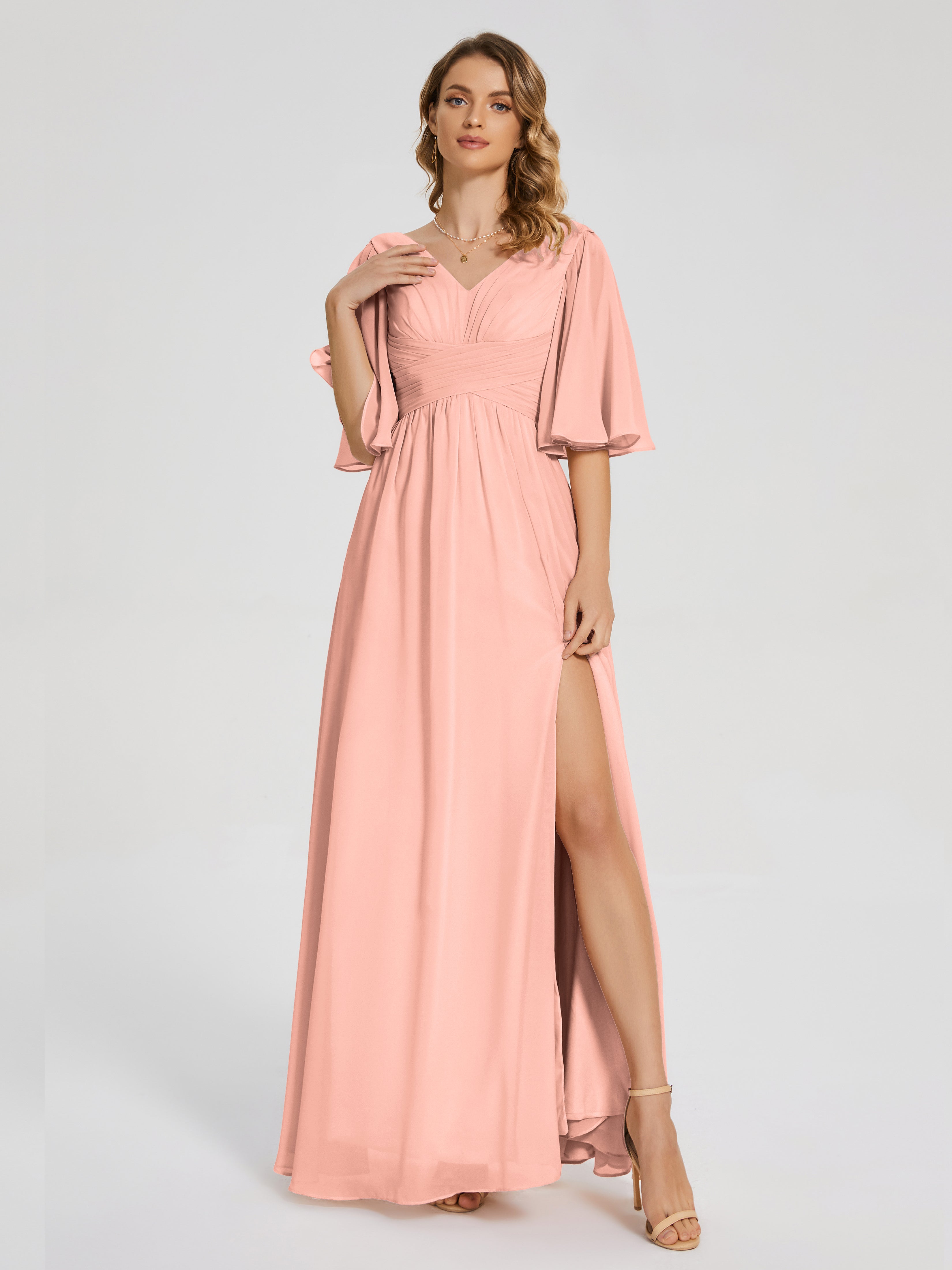 Amina Half Sleeves V-neck Chiffon Bridesmaid Dress