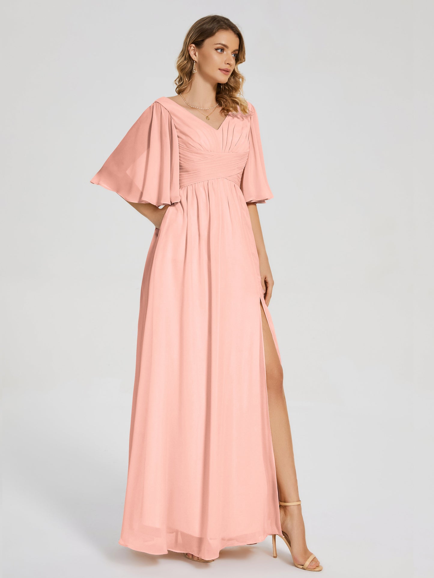 Amina Half Sleeves V-neck Chiffon Bridesmaid Dress