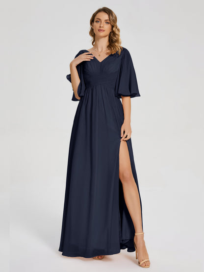 Amina Half Sleeves V-neck Chiffon Bridesmaid Dress