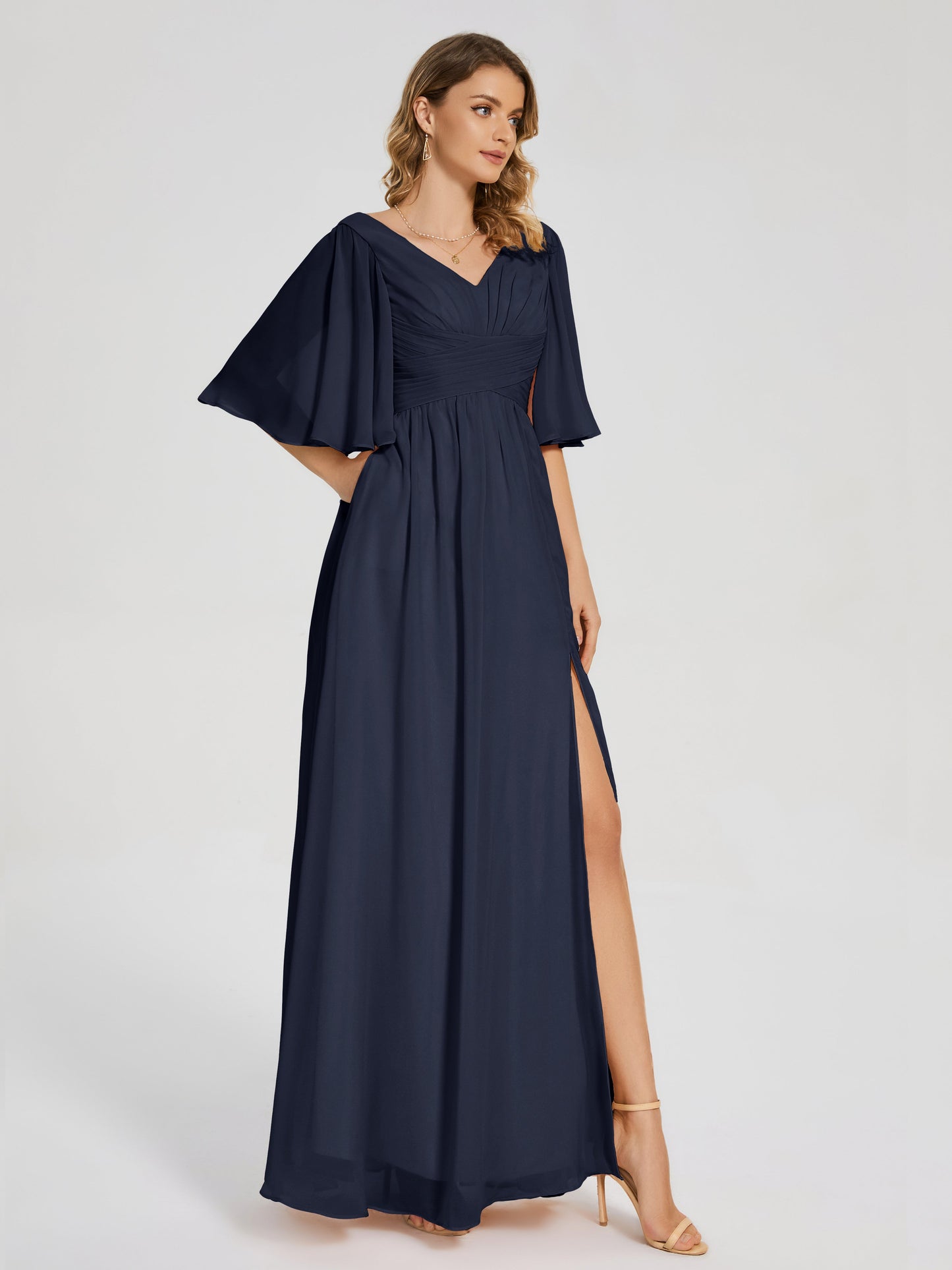 Amina Half Sleeves V-neck Chiffon Bridesmaid Dress