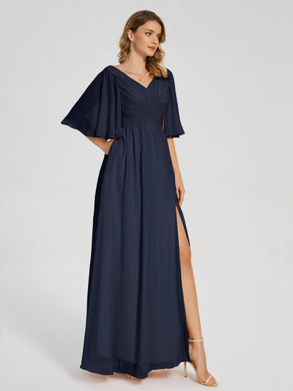 Amina Half Sleeves V-neck Chiffon Bridesmaid Dress