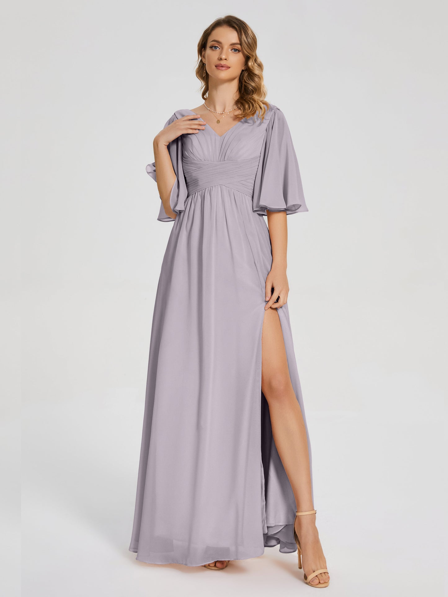 Amina Half Sleeves V-neck Chiffon Bridesmaid Dress