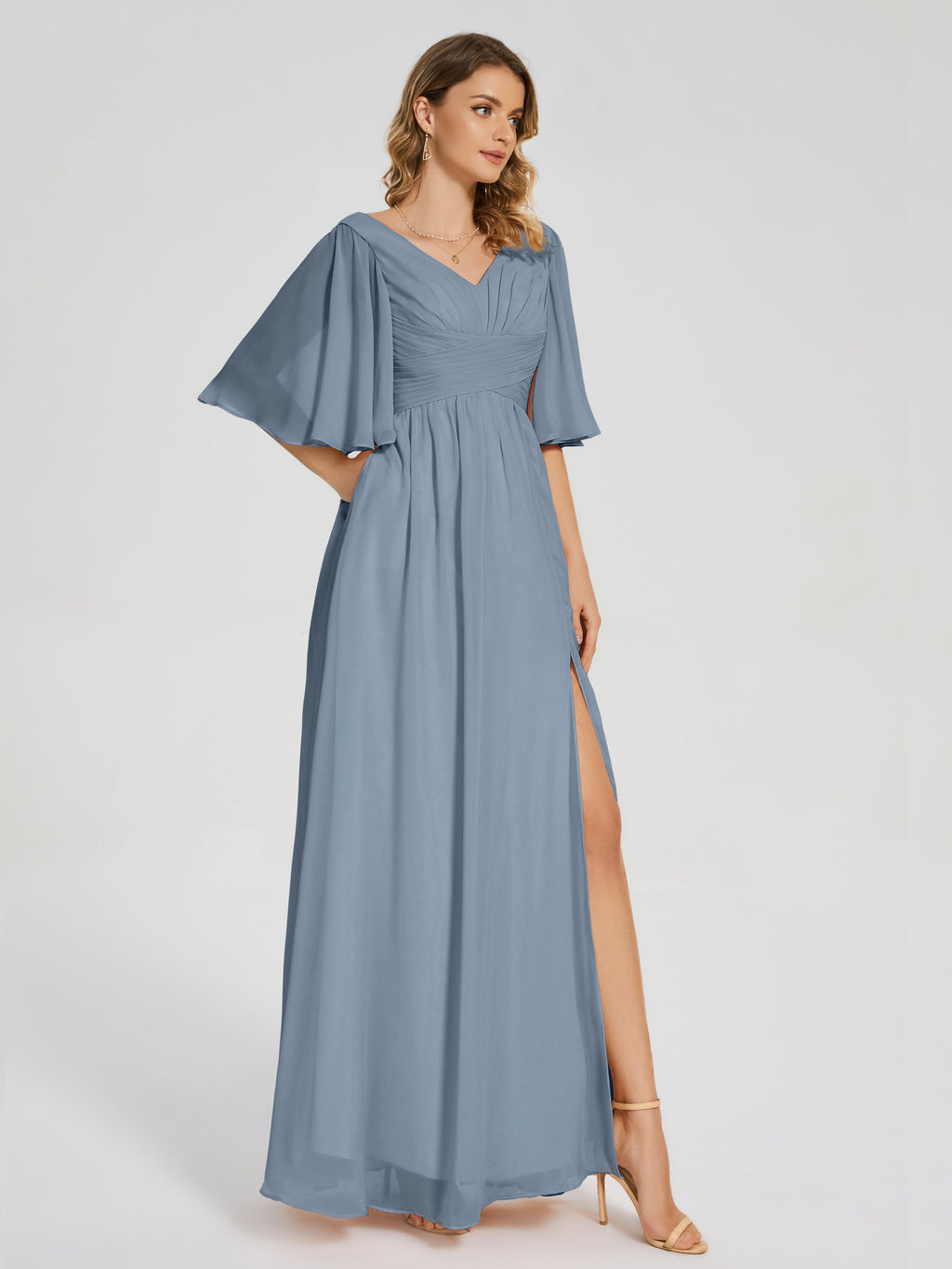 Amina Half Sleeves V-neck Chiffon Bridesmaid Dress