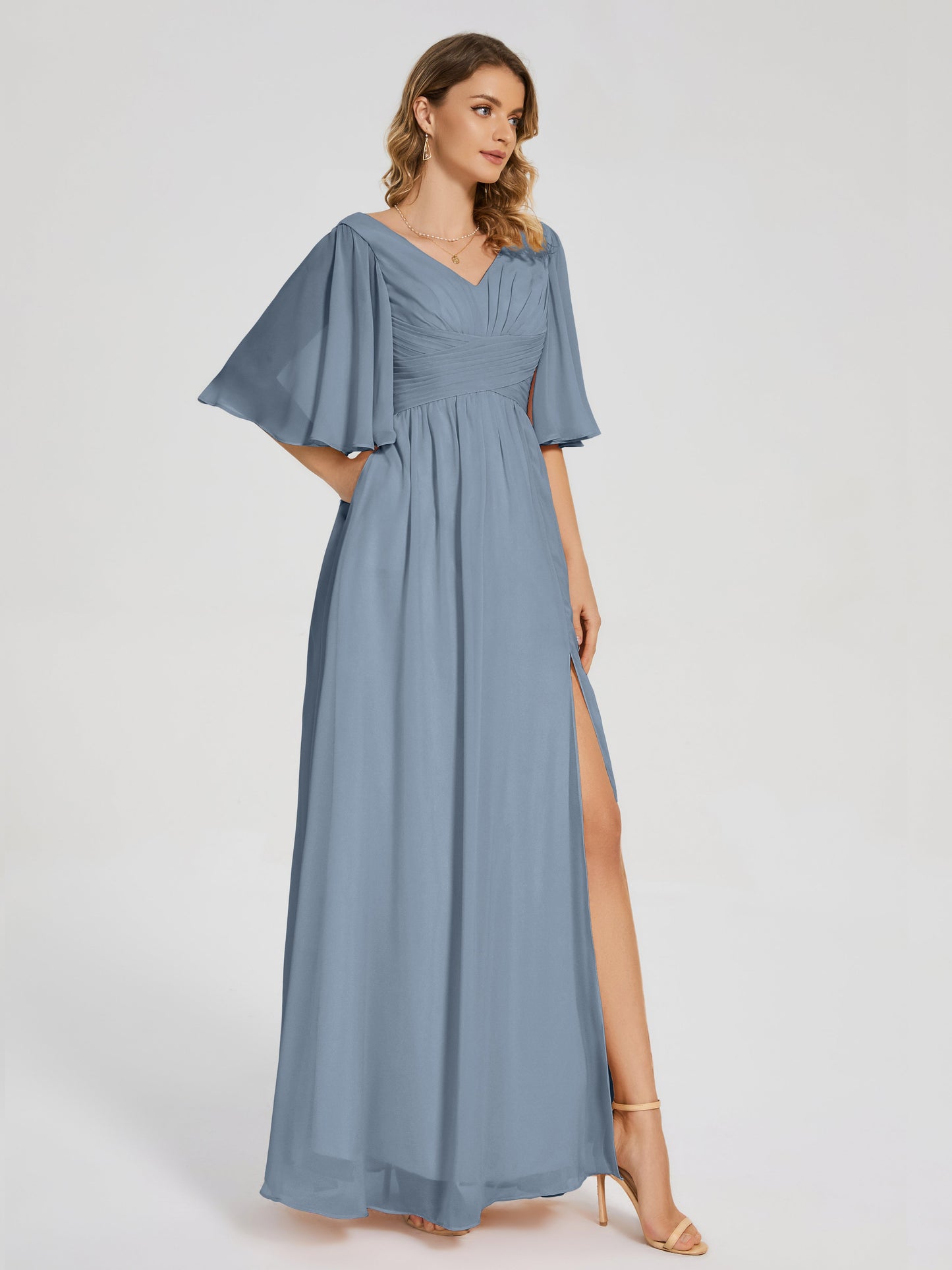 Amina Half Sleeves V-neck Chiffon Bridesmaid Dress