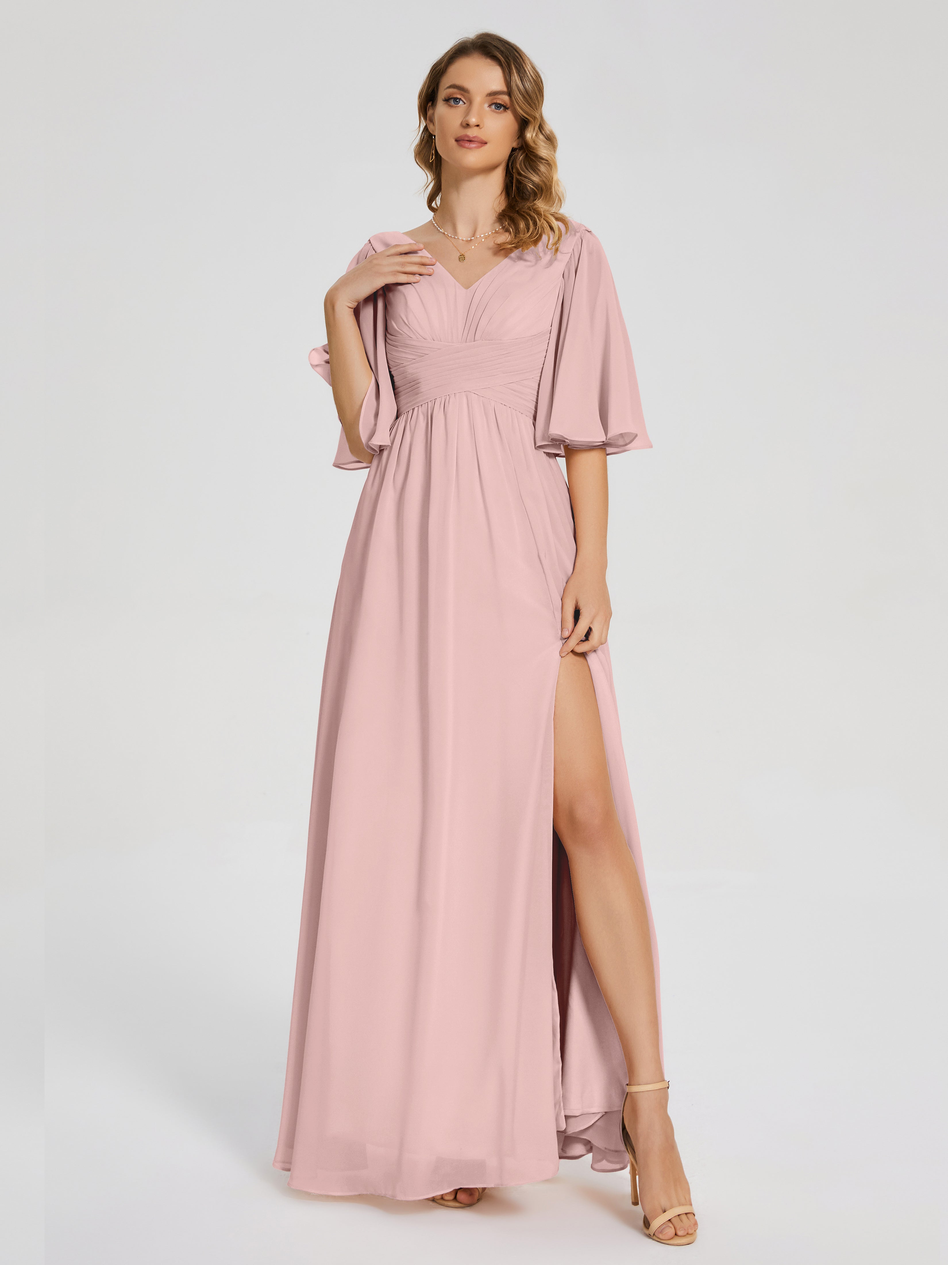 Amina Half Sleeves V-neck Chiffon Bridesmaid Dress
