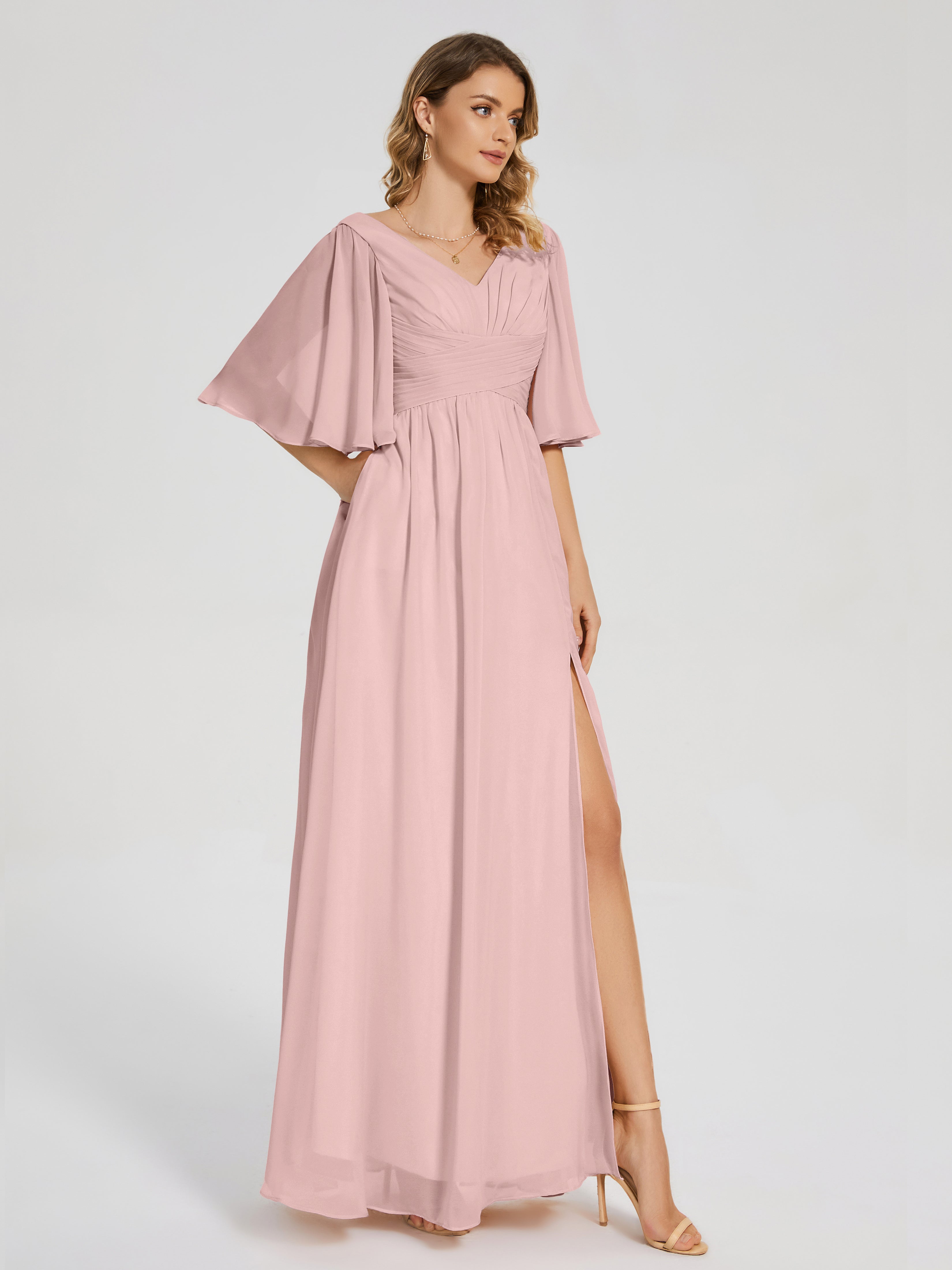 Amina Half Sleeves V-neck Chiffon Bridesmaid Dress