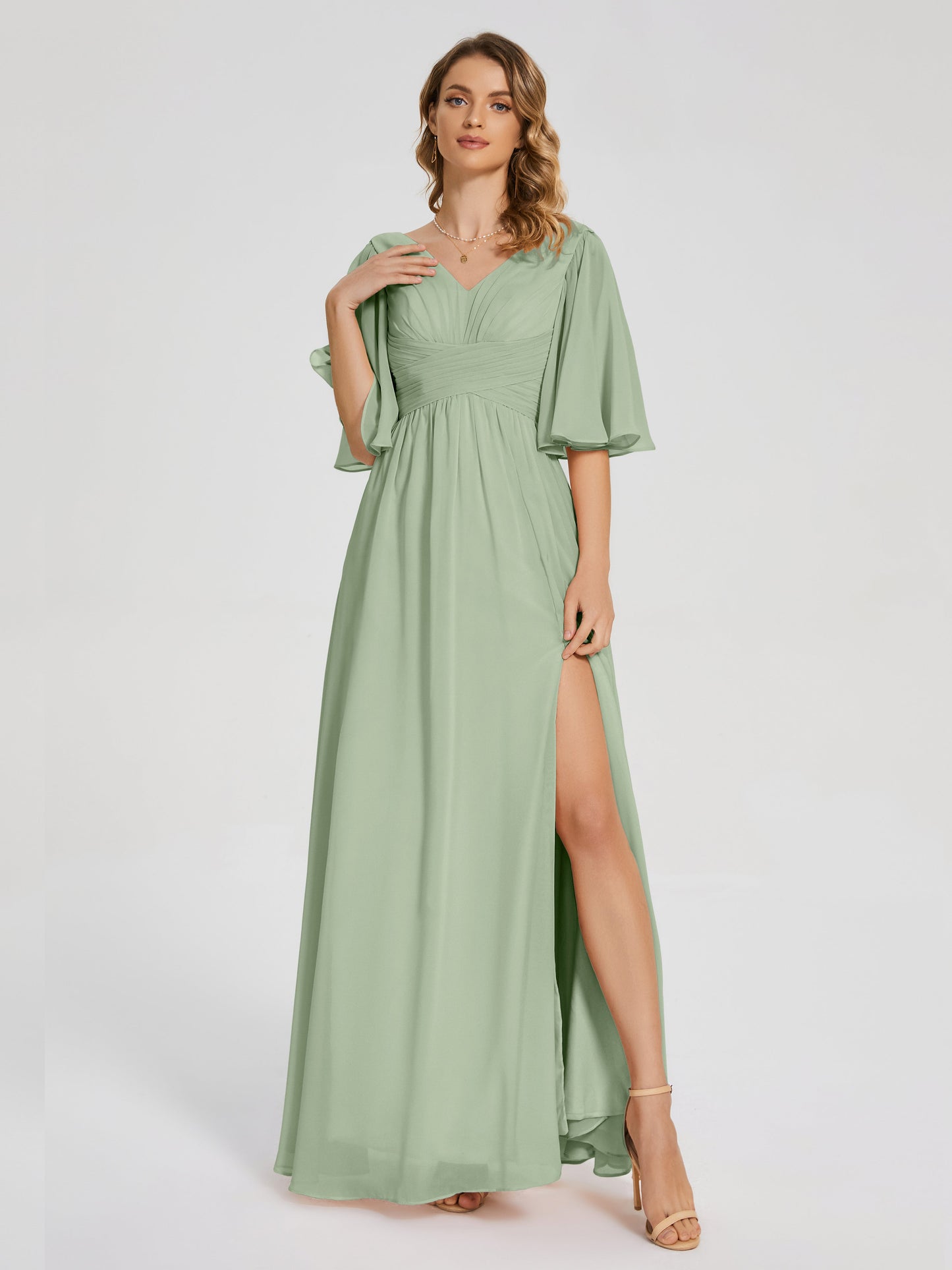 Amina Half Sleeves V-neck Chiffon Bridesmaid Dress