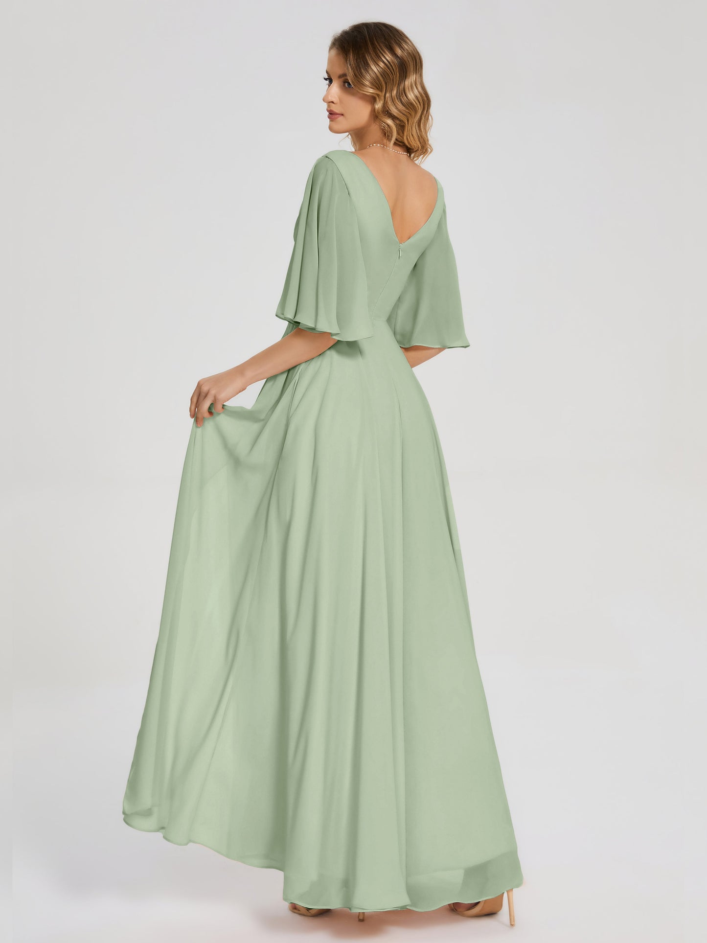 Amina Half Sleeves V-neck Chiffon Bridesmaid Dress