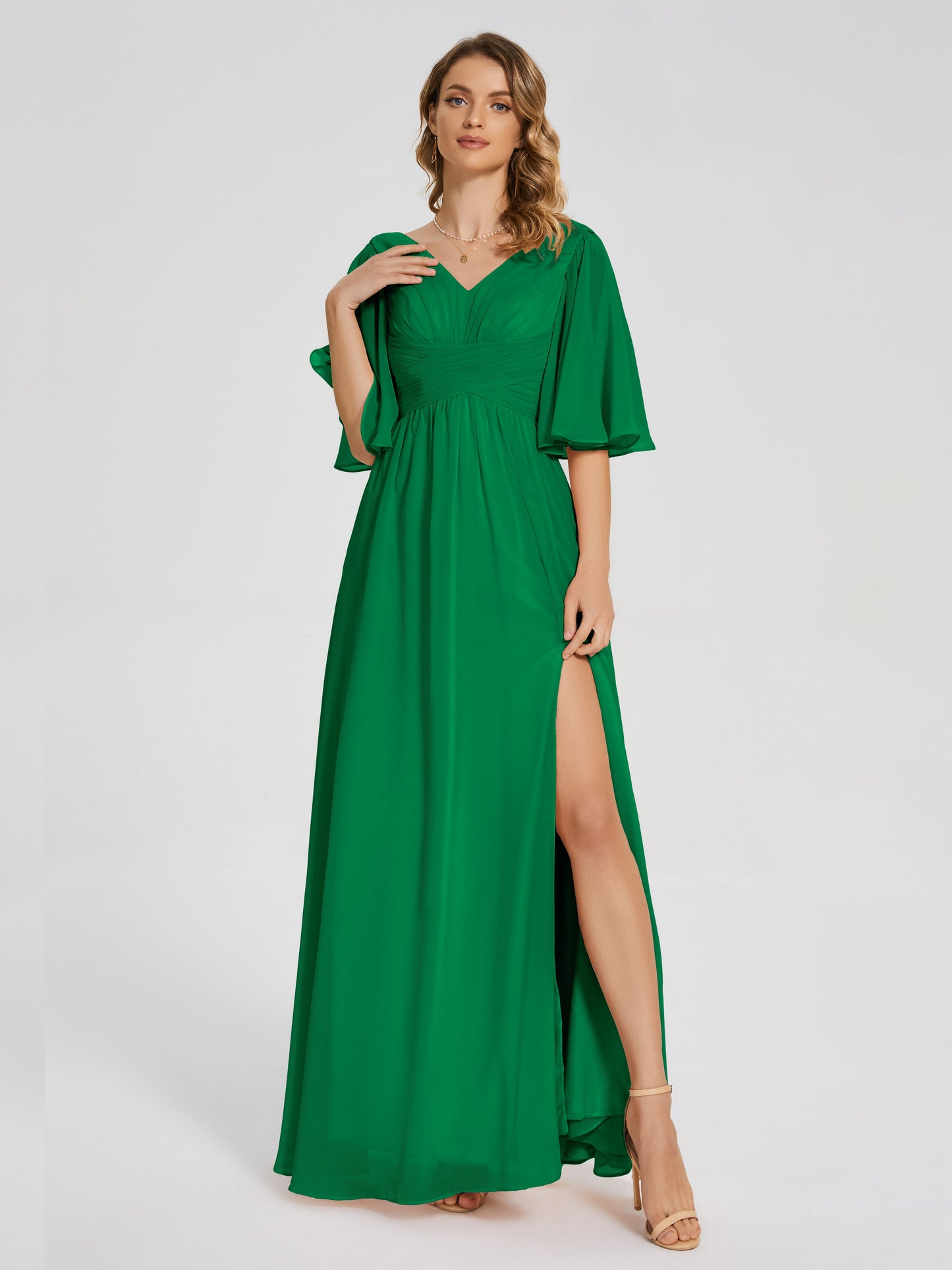 Amina Half Sleeves V-neck Chiffon Bridesmaid Dress
