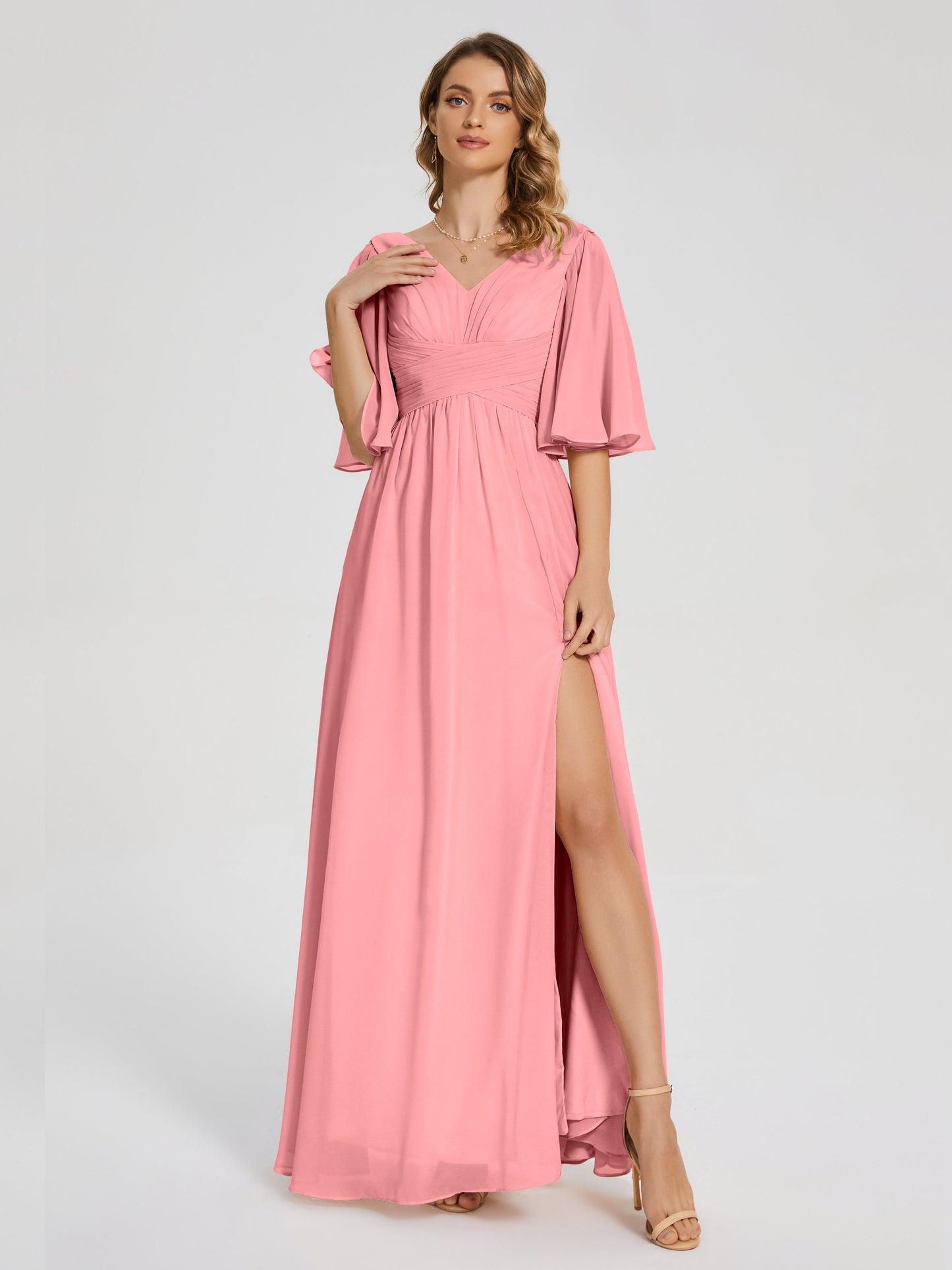 Amina Half Sleeves V-neck Chiffon Bridesmaid Dress