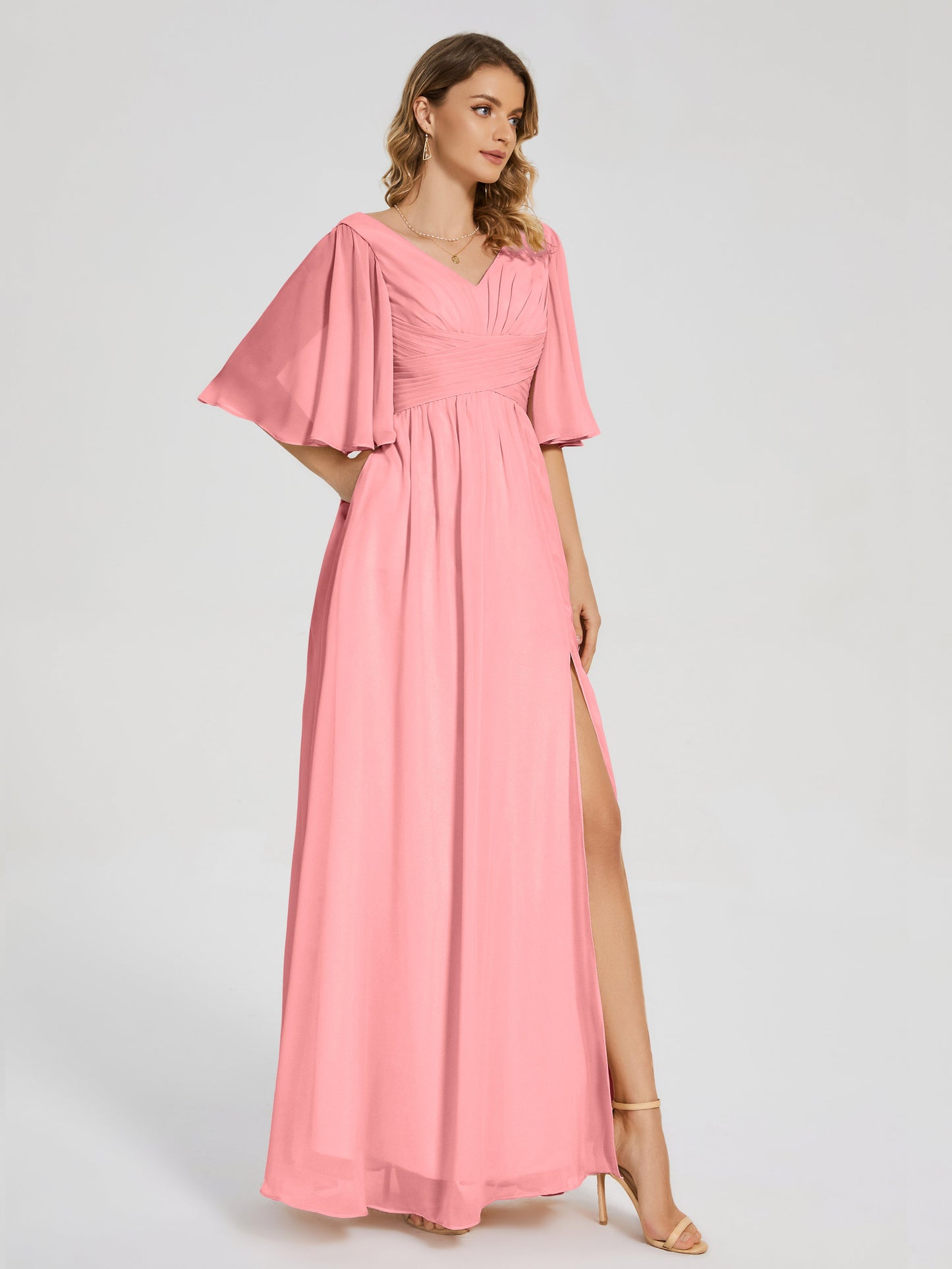 Amina Half Sleeves V-neck Chiffon Bridesmaid Dress