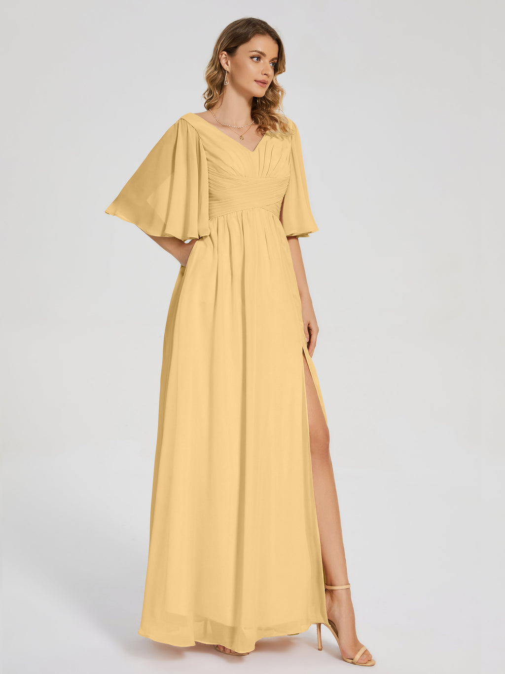 Amina Half Sleeves V-neck Chiffon Bridesmaid Dress