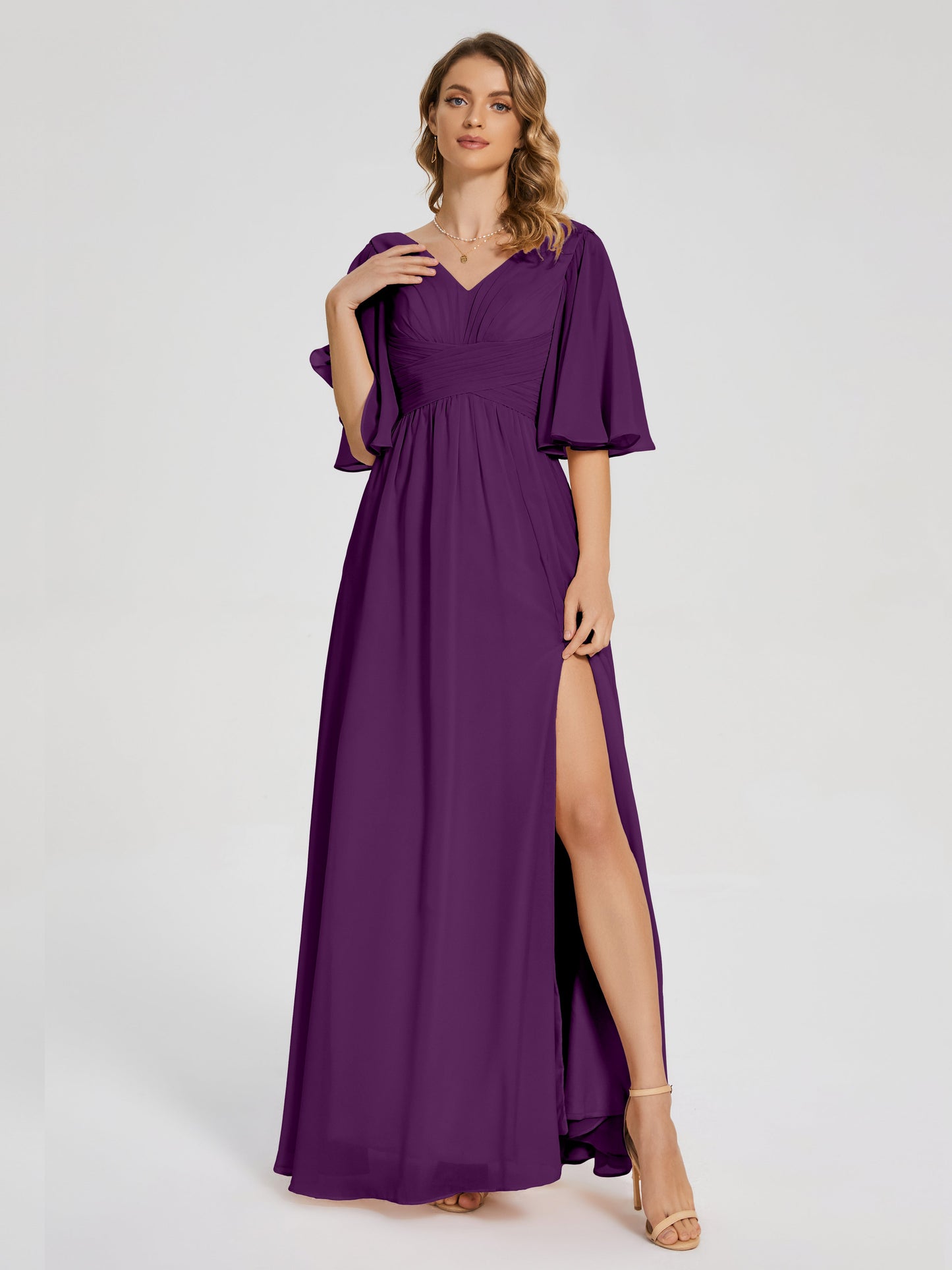 Amina Half Sleeves V-neck Chiffon Bridesmaid Dress