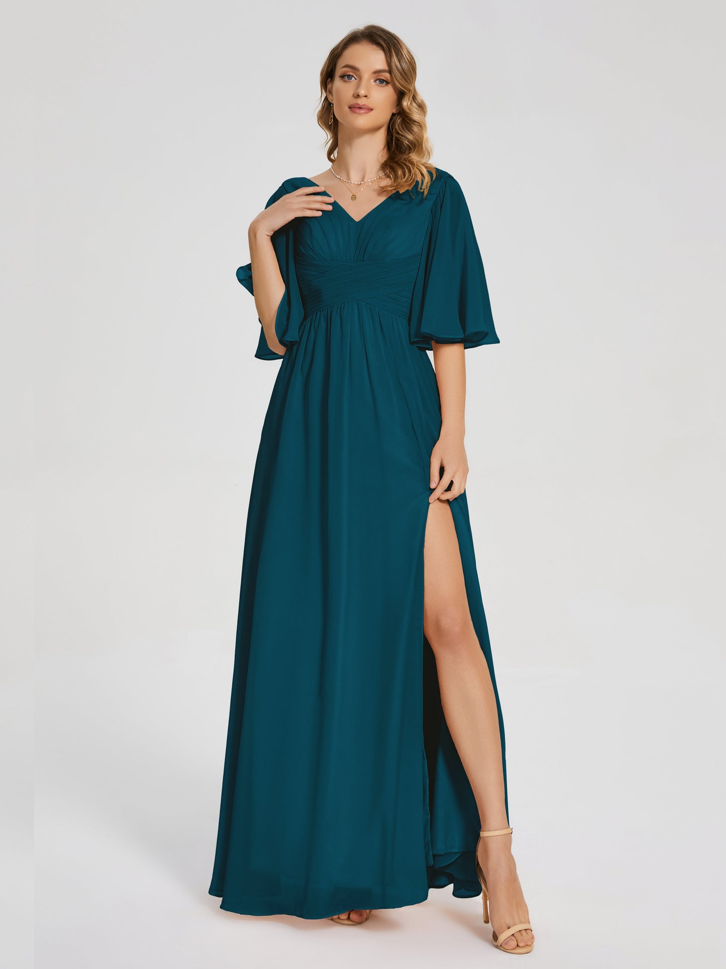 Amina Half Sleeves V-neck Chiffon Bridesmaid Dress