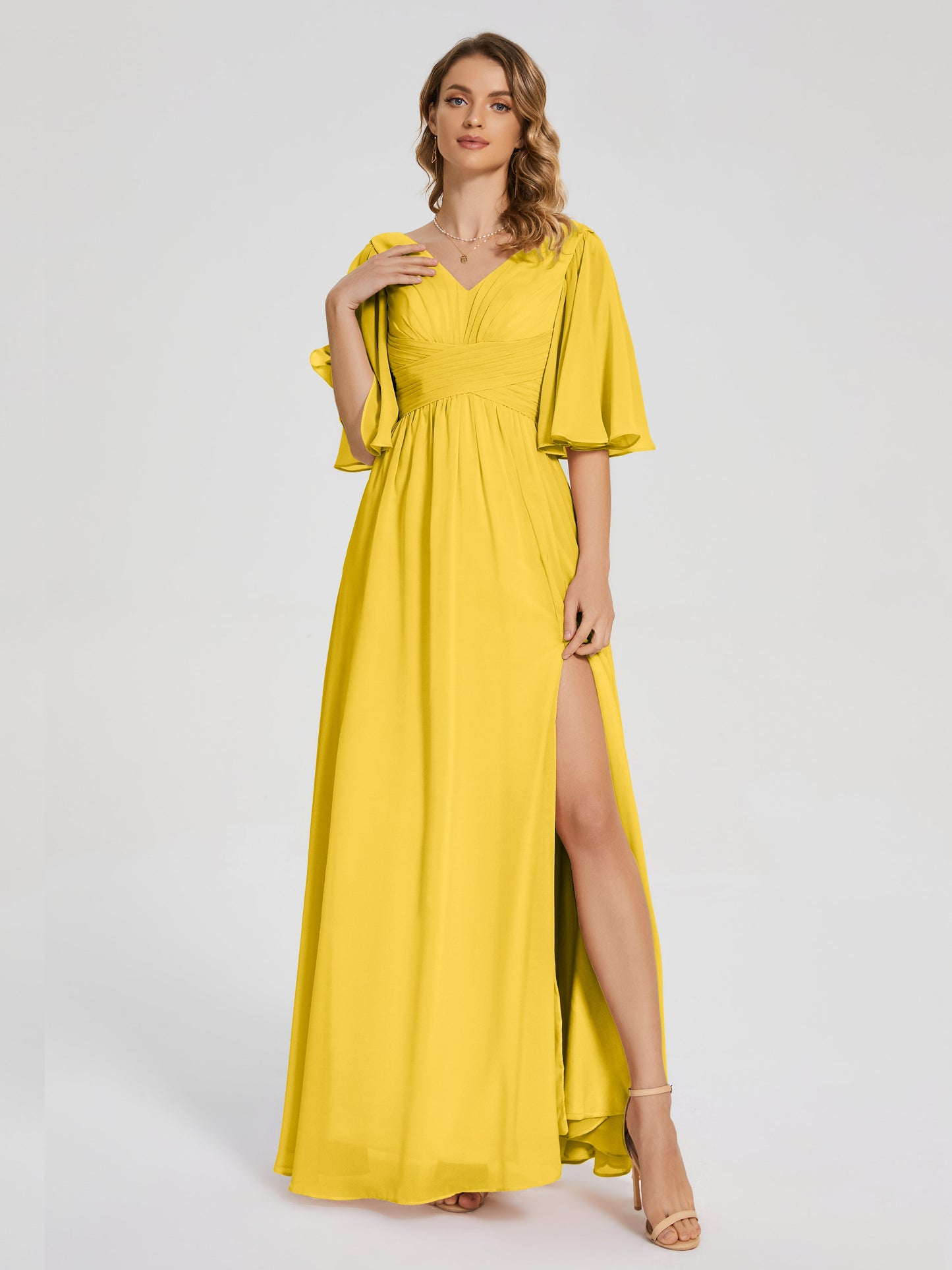 Amina Half Sleeves V-neck Chiffon Bridesmaid Dress