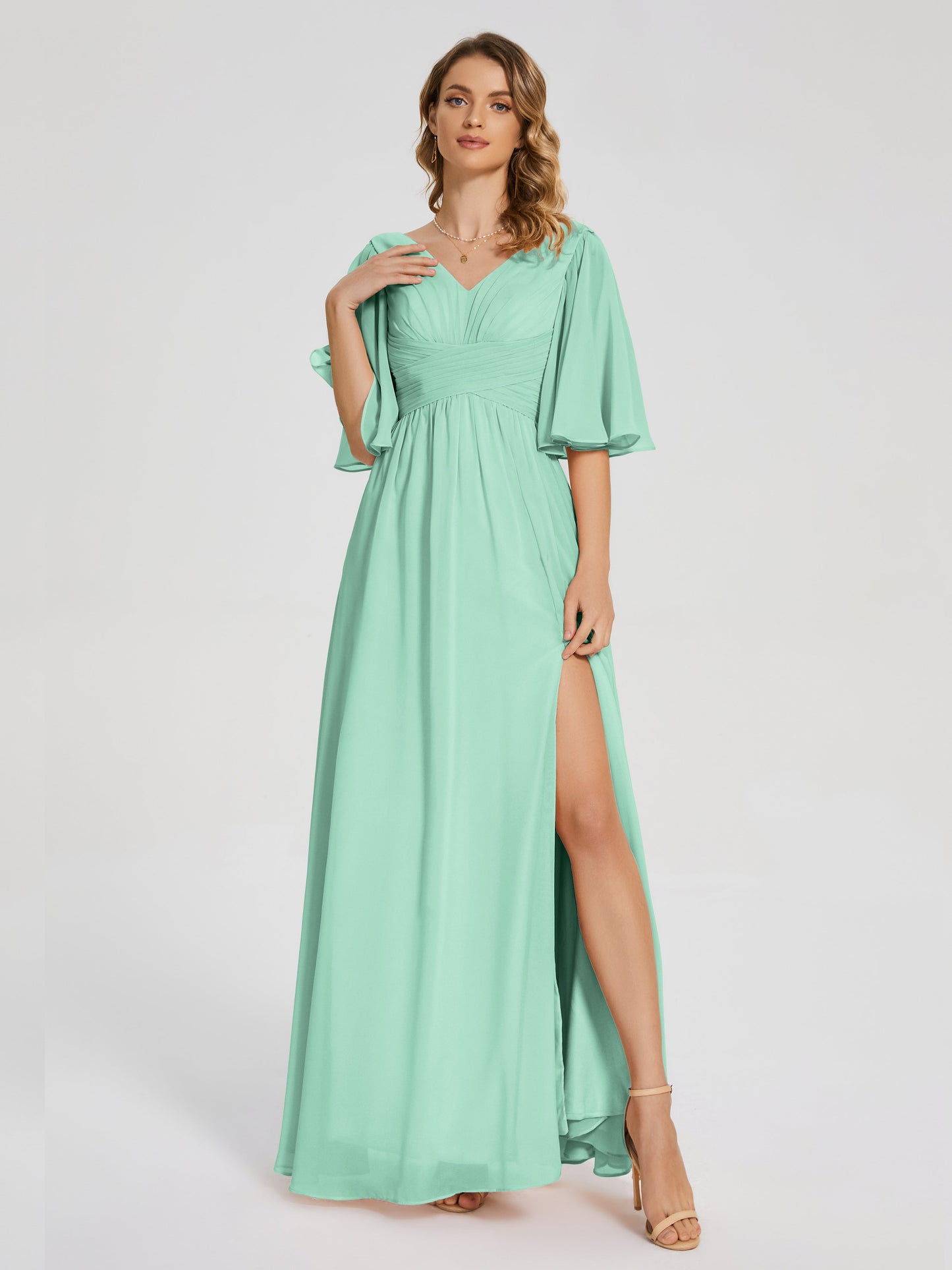 Amina Half Sleeves V-neck Chiffon Bridesmaid Dress