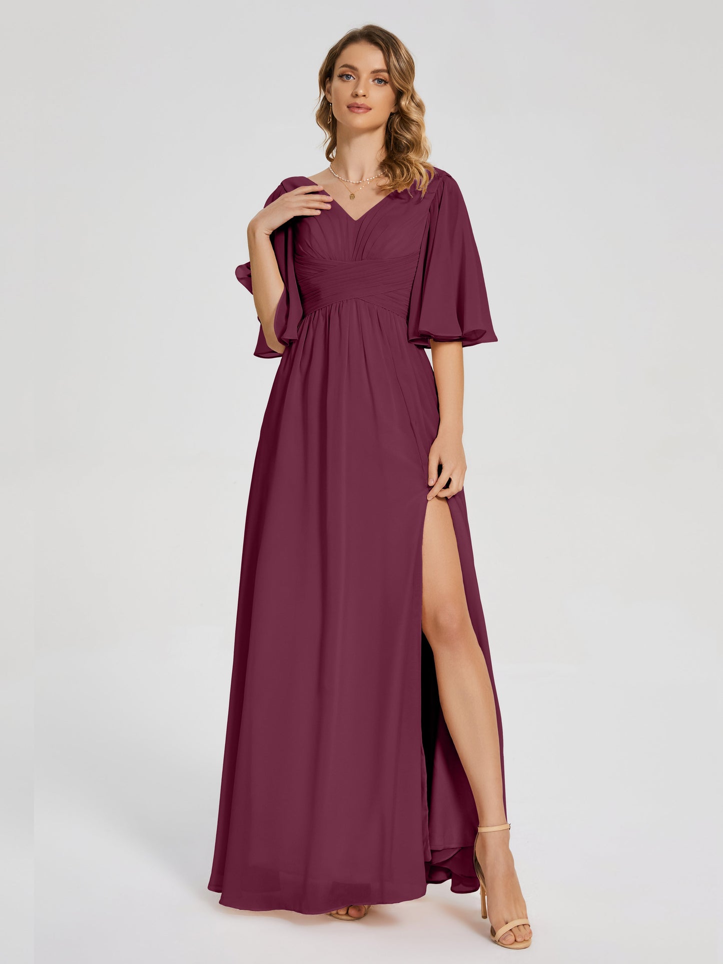 Amina Half Sleeves V-neck Chiffon Bridesmaid Dress