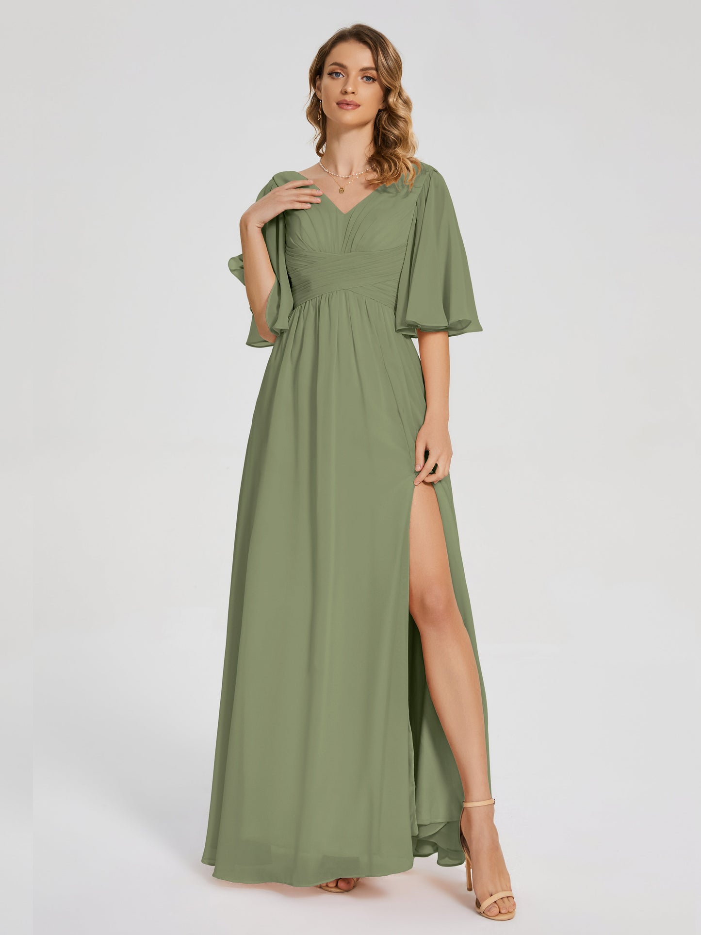 Amina Half Sleeves V-neck Chiffon Bridesmaid Dress