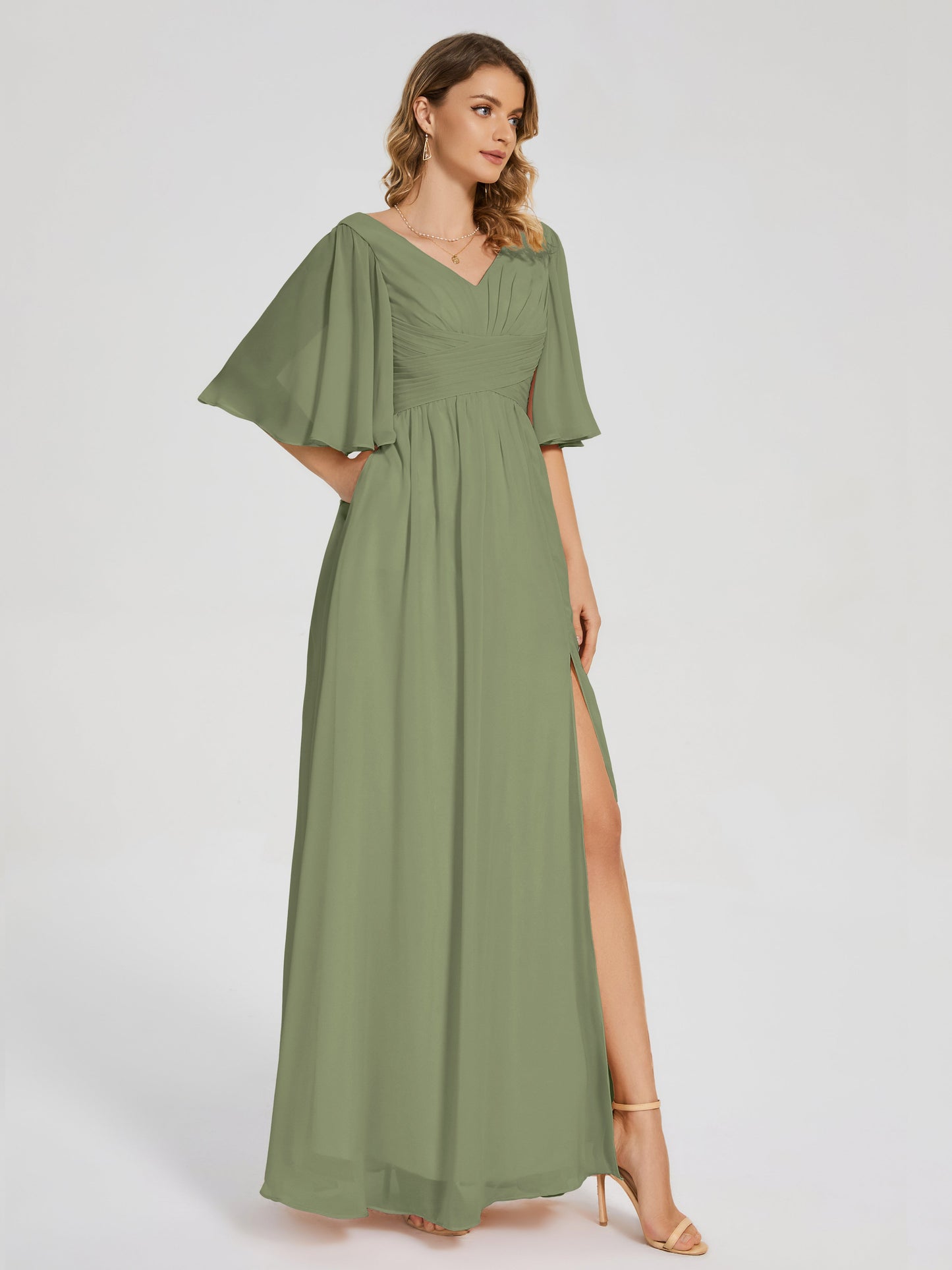 Amina Half Sleeves V-neck Chiffon Bridesmaid Dress
