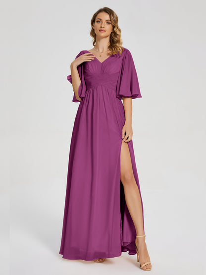 Amina Half Sleeves V-neck Chiffon Bridesmaid Dress