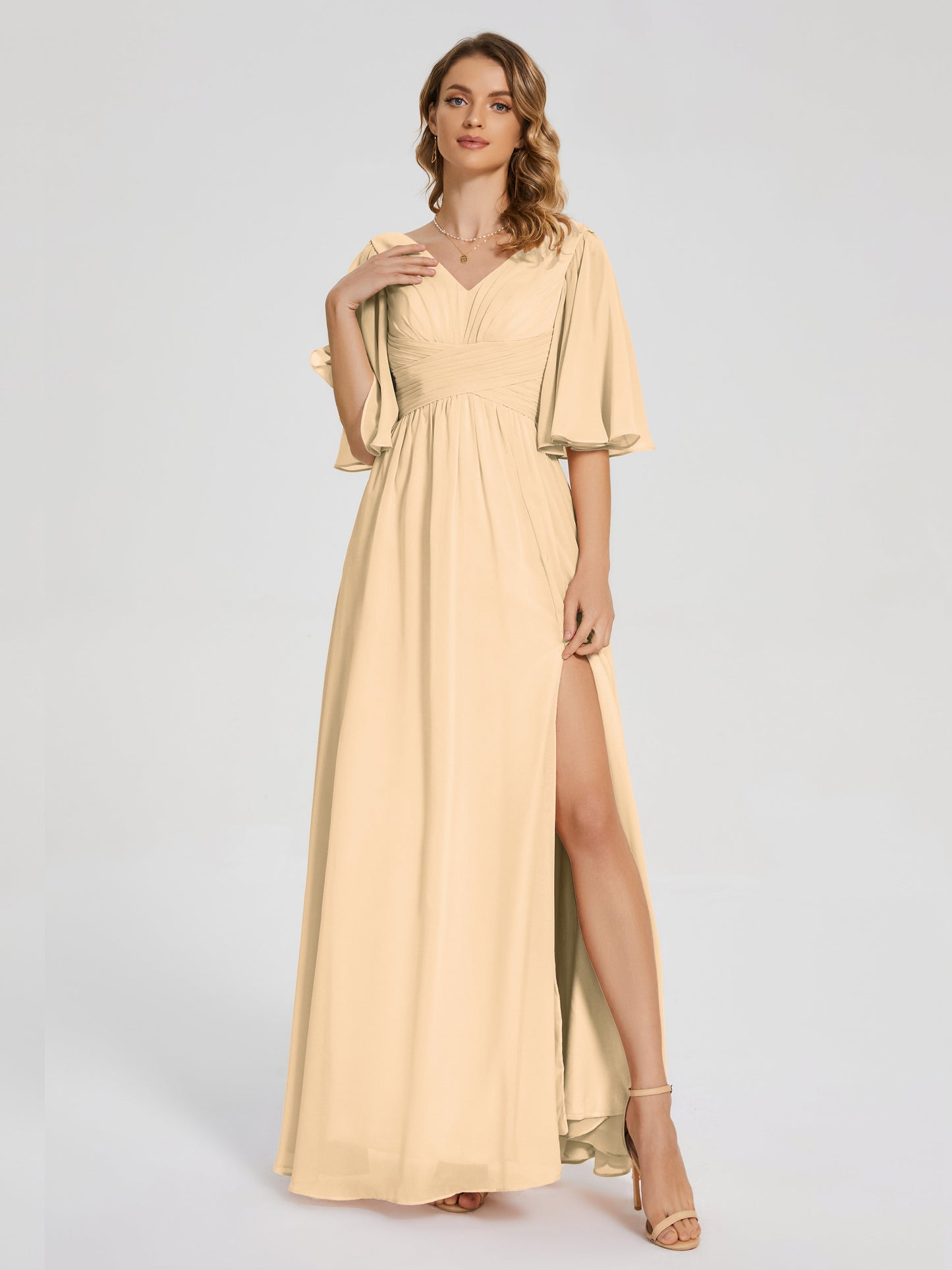 Amina Half Sleeves V-neck Chiffon Bridesmaid Dress