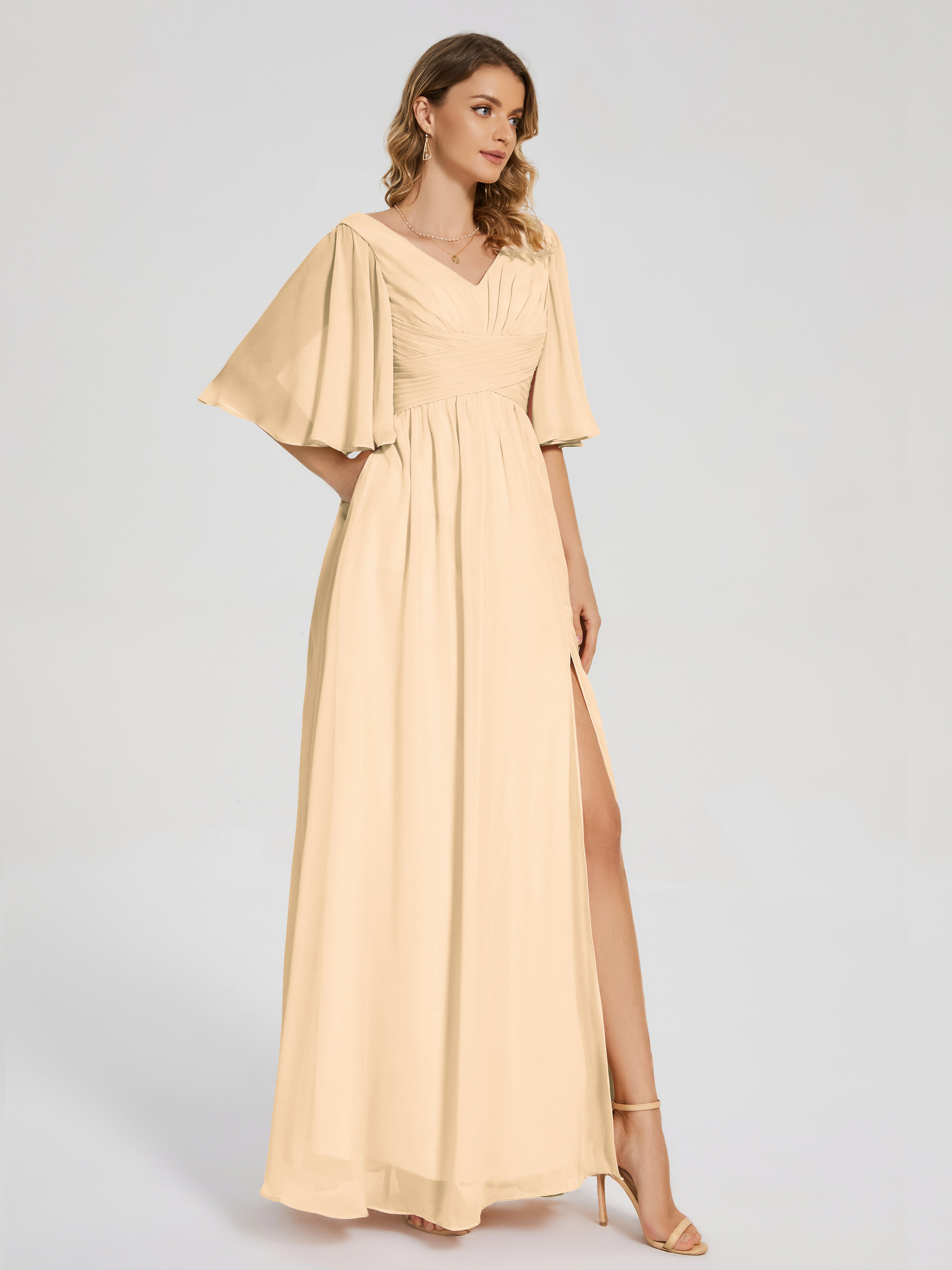 Amina Half Sleeves V-neck Chiffon Bridesmaid Dress