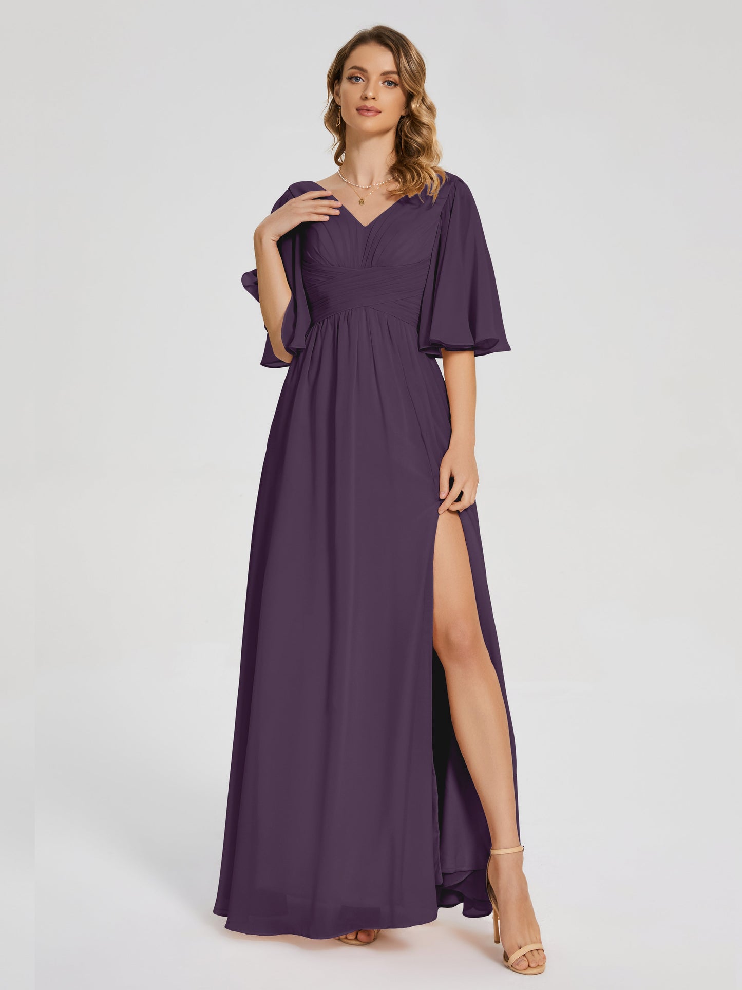 Amina Half Sleeves V-neck Chiffon Bridesmaid Dress