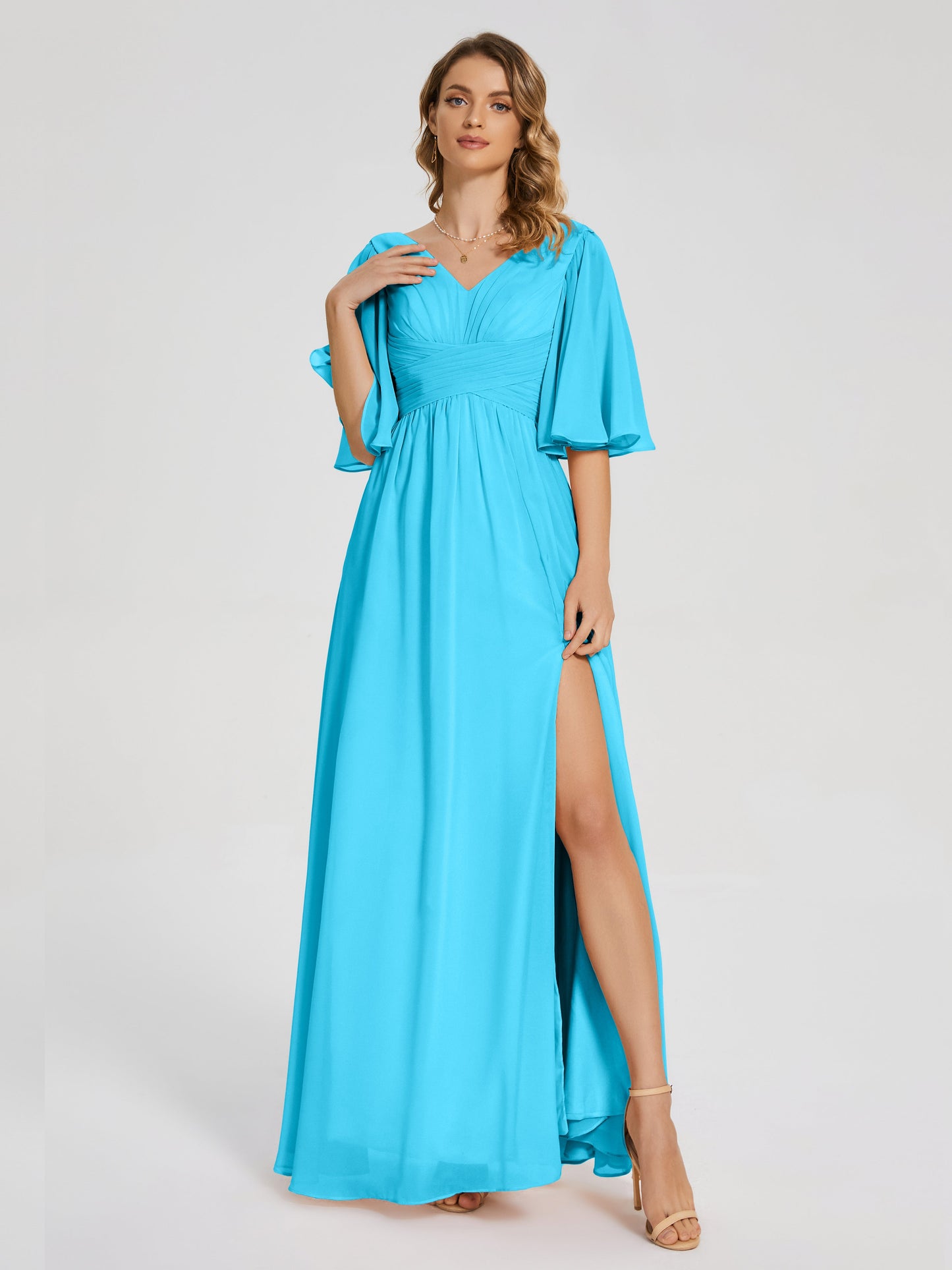 Amina Half Sleeves V-neck Chiffon Bridesmaid Dress