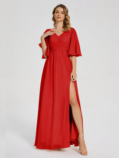 Amina Half Sleeves V-neck Chiffon Bridesmaid Dress
