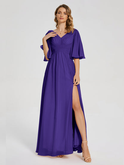 Amina Half Sleeves V-neck Chiffon Bridesmaid Dress