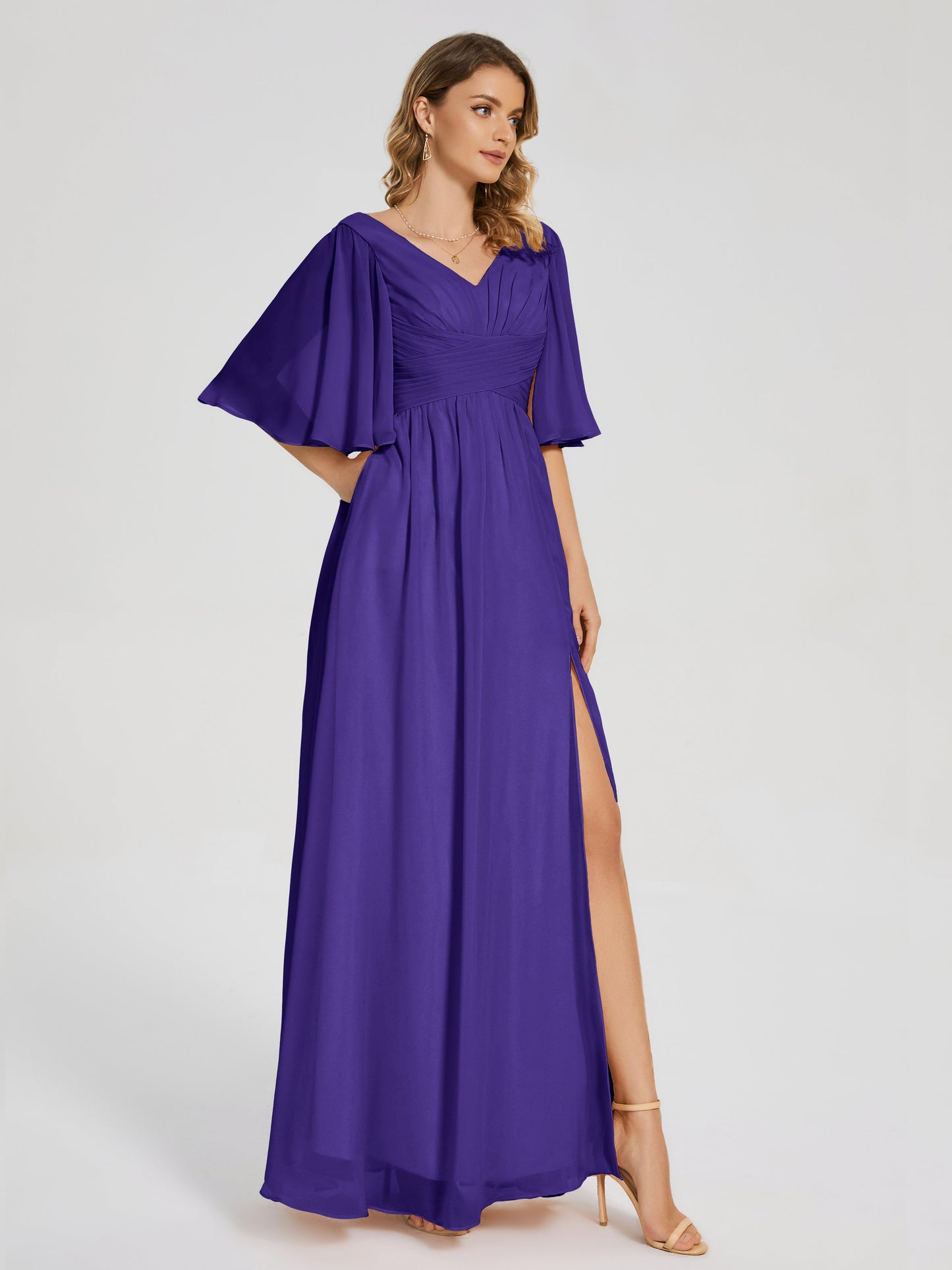 Amina Half Sleeves V-neck Chiffon Bridesmaid Dress