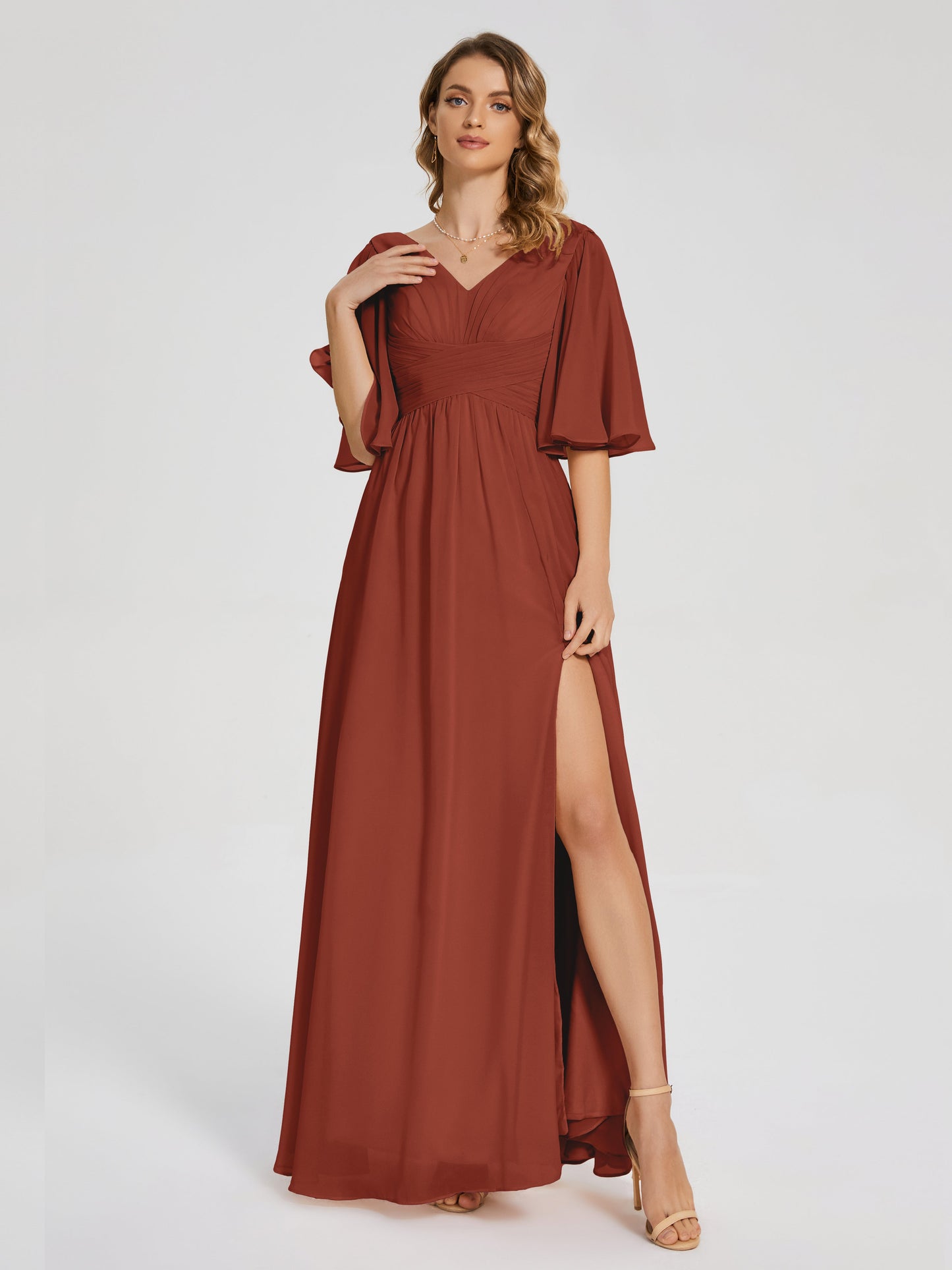 Amina Half Sleeves V-neck Chiffon Bridesmaid Dress