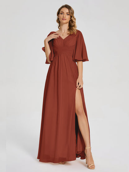 Amina Half Sleeves V-neck Chiffon Bridesmaid Dress