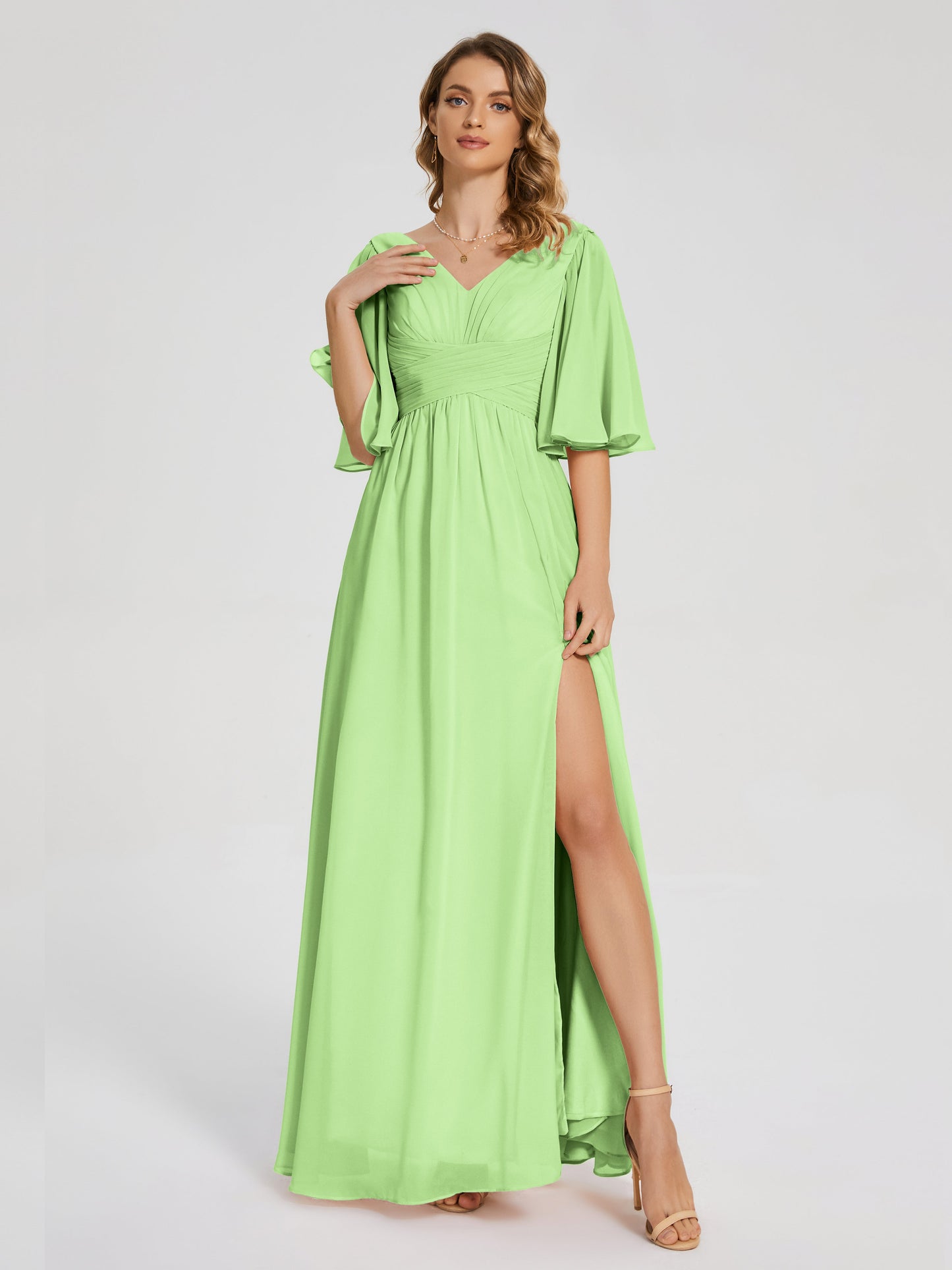 Amina Half Sleeves V-neck Chiffon Bridesmaid Dress