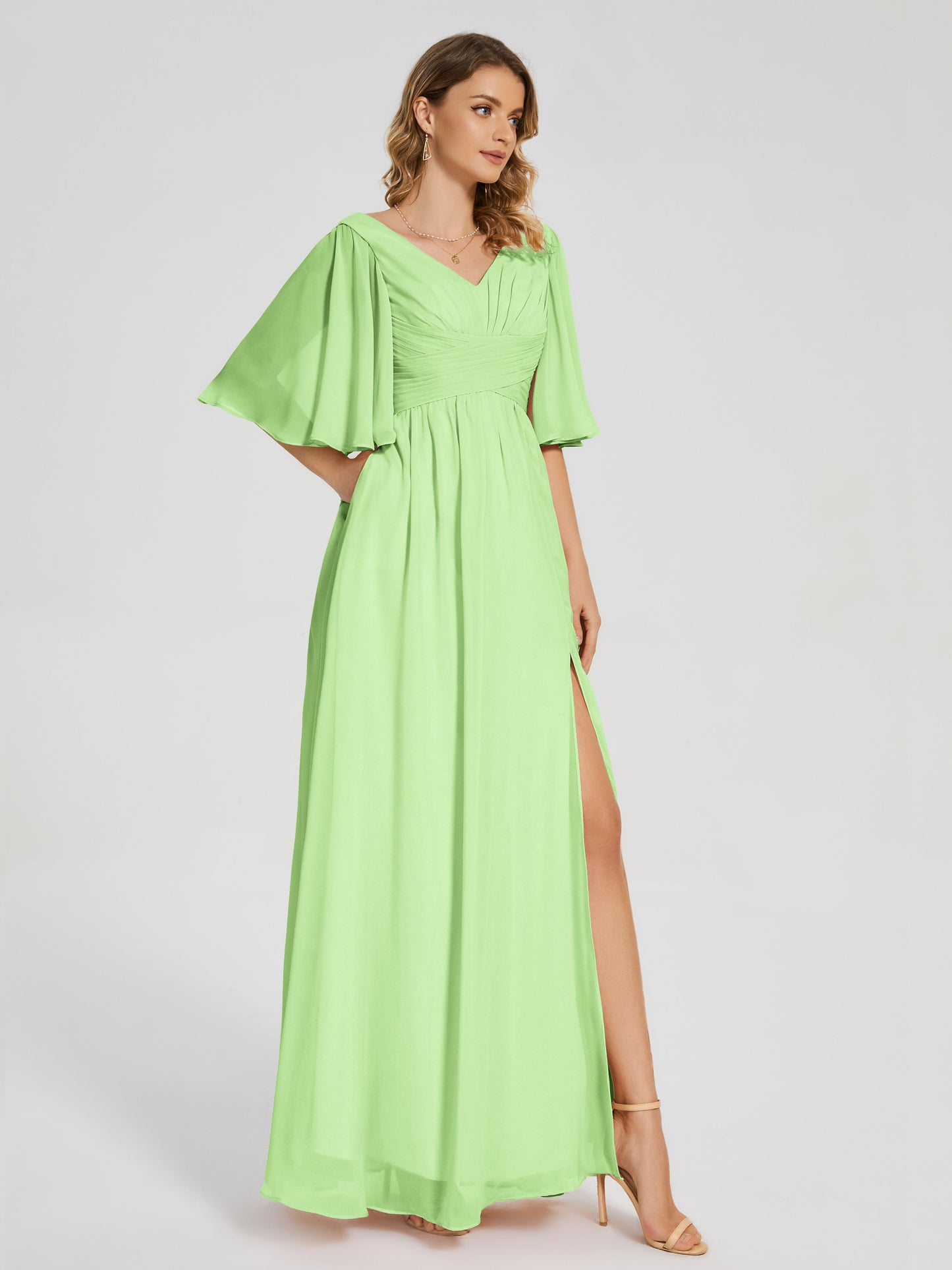 Amina Half Sleeves V-neck Chiffon Bridesmaid Dress