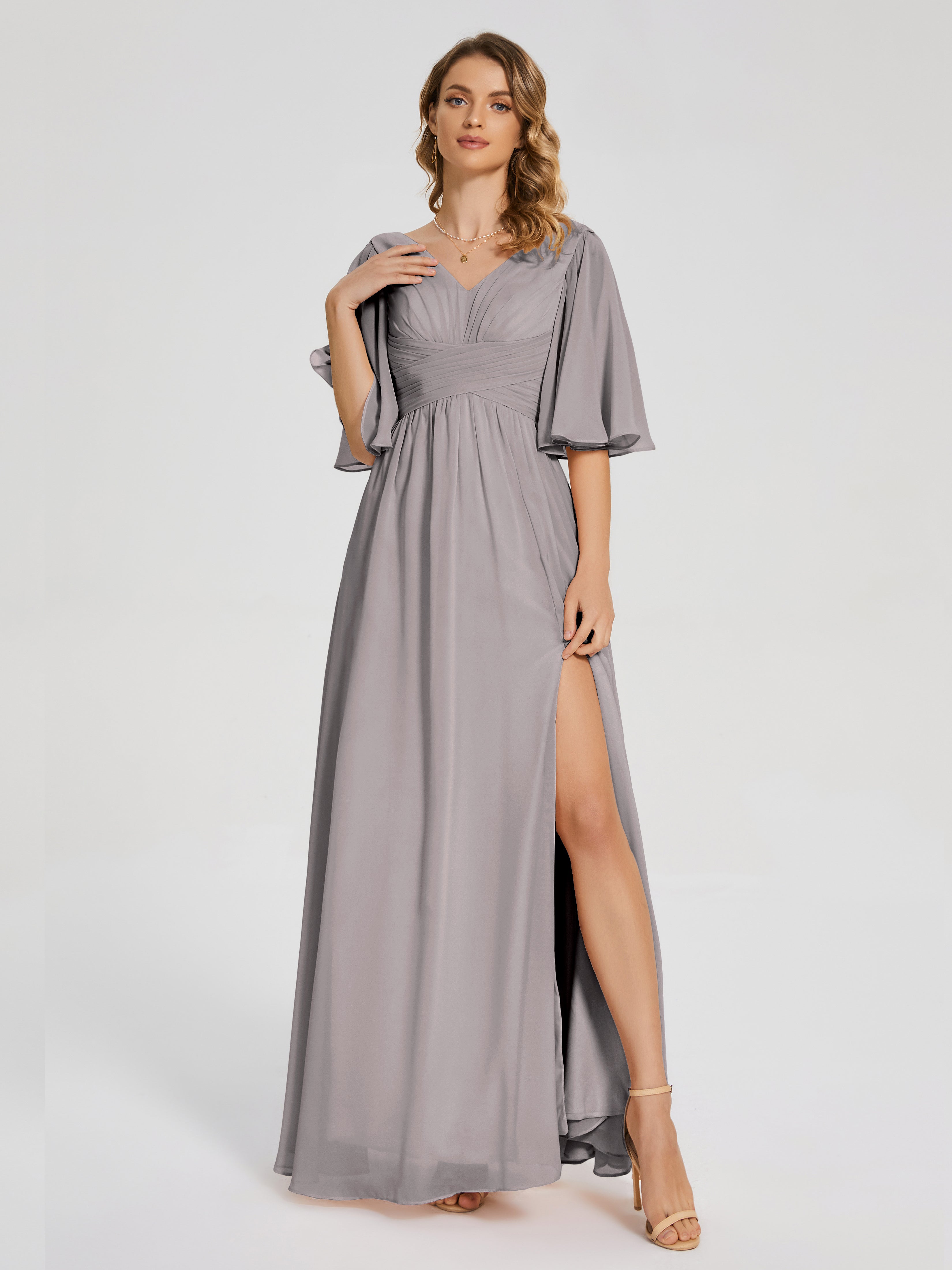 Amina Half Sleeves V-neck Chiffon Bridesmaid Dress