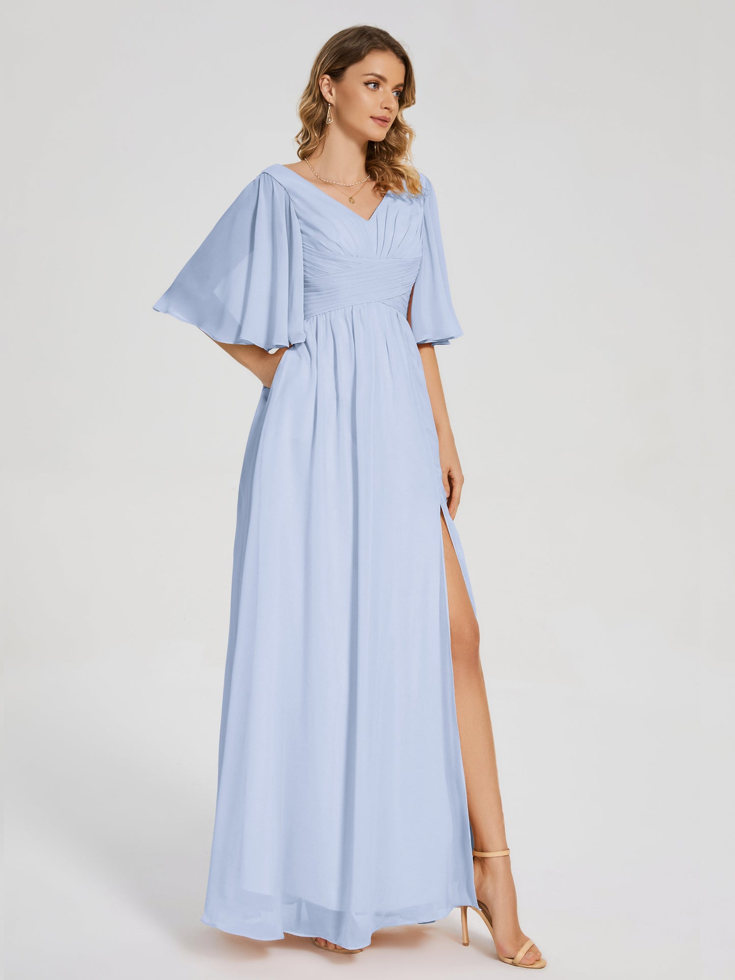 Amina Half Sleeves V-neck Chiffon Bridesmaid Dress