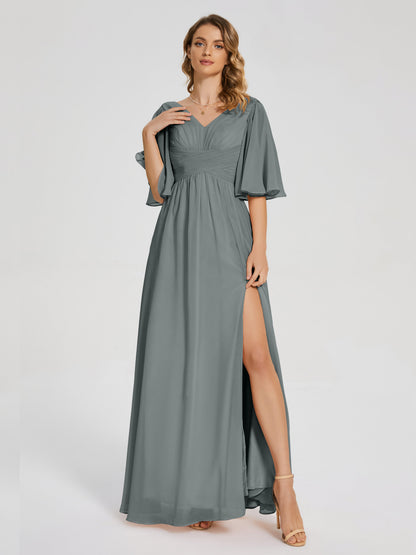 Amina Half Sleeves V-neck Chiffon Bridesmaid Dress