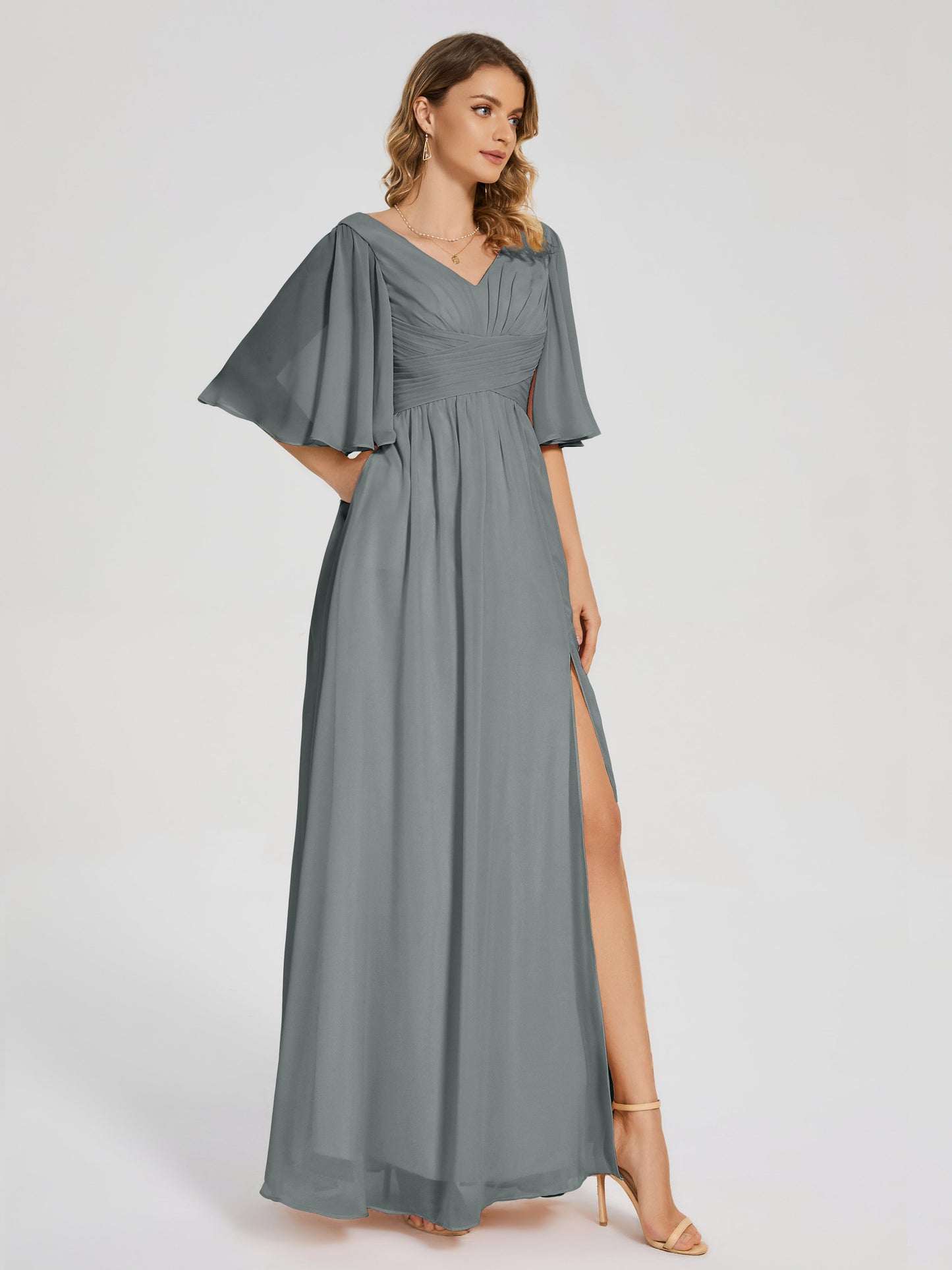 Amina Half Sleeves V-neck Chiffon Bridesmaid Dress