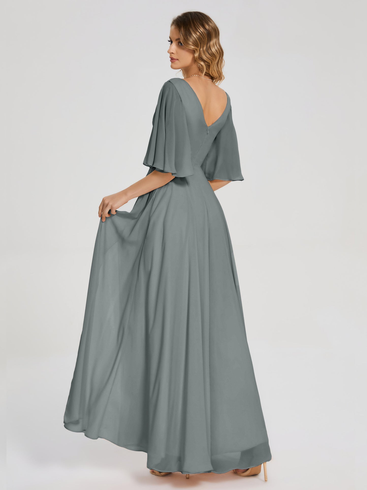 Amina Half Sleeves V-neck Chiffon Bridesmaid Dress