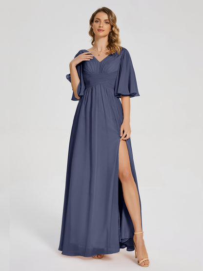 Amina Half Sleeves V-neck Chiffon Bridesmaid Dress