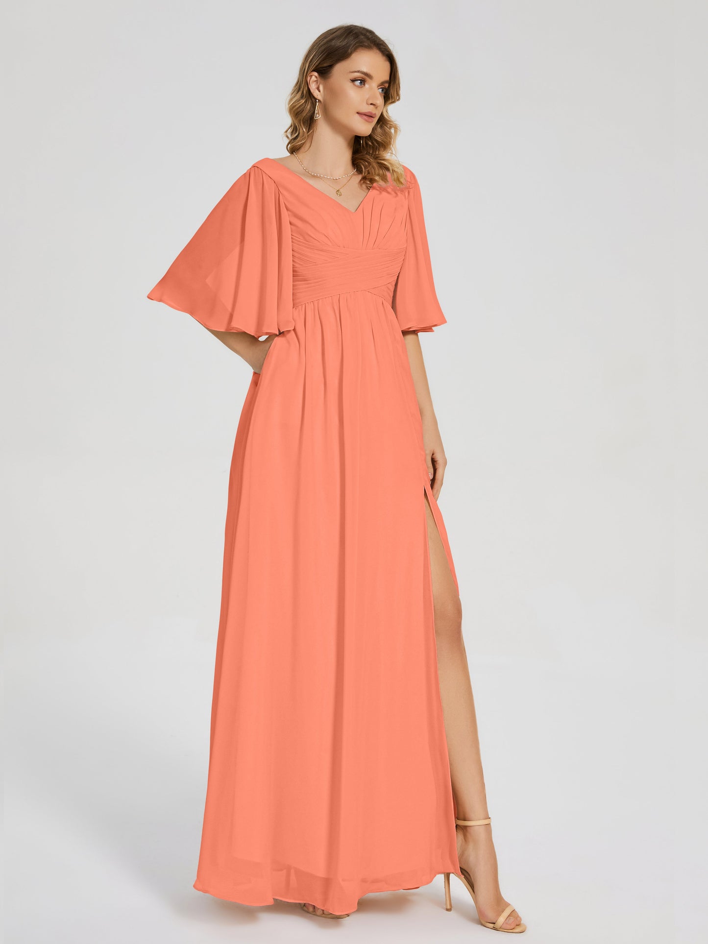 Amina Half Sleeves V-neck Chiffon Bridesmaid Dress