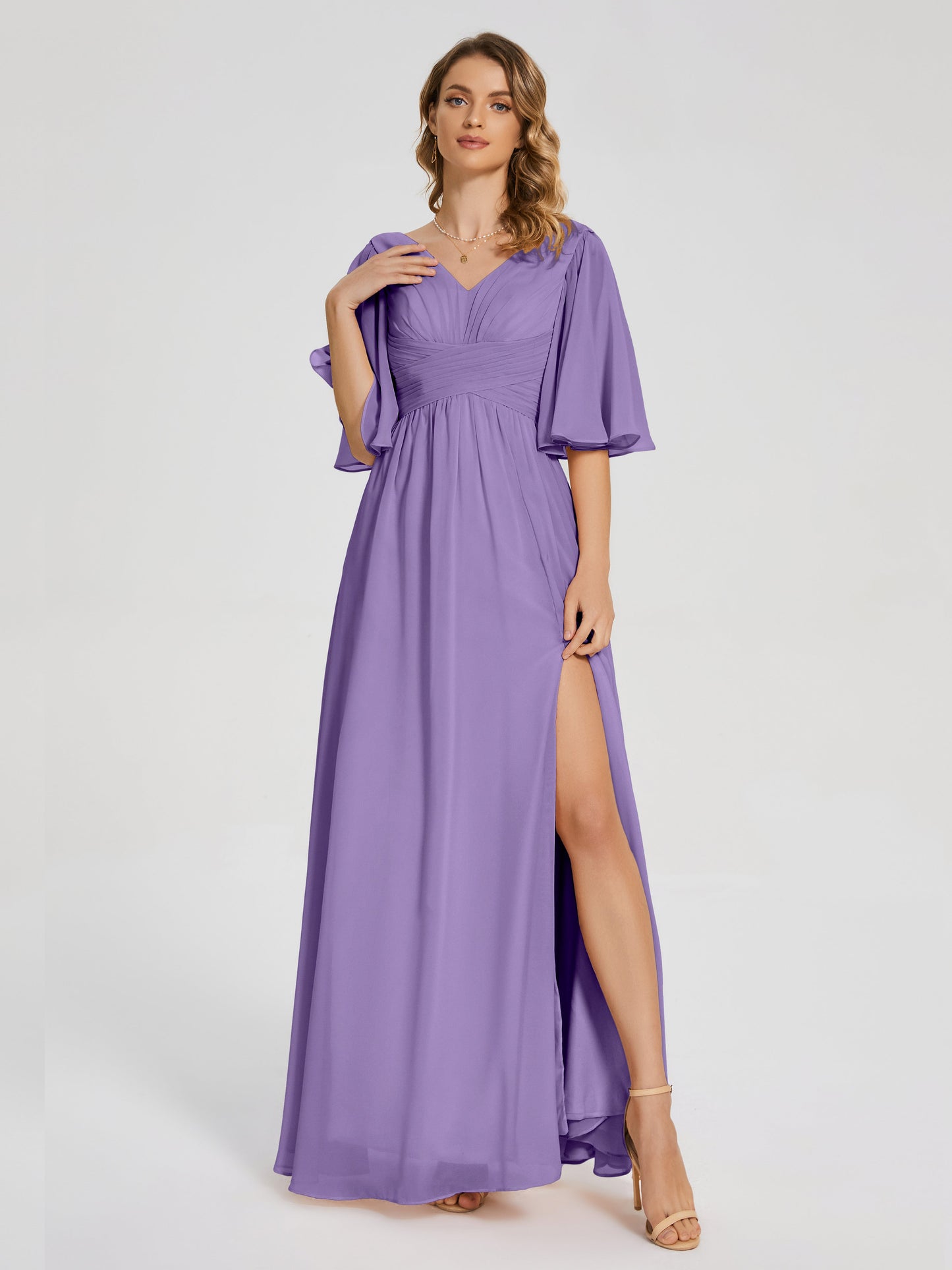 Amina Half Sleeves V-neck Chiffon Bridesmaid Dress