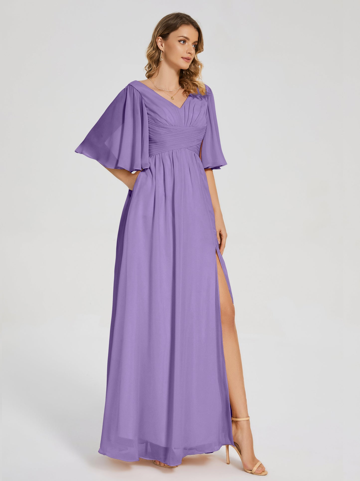 Amina Half Sleeves V-neck Chiffon Bridesmaid Dress