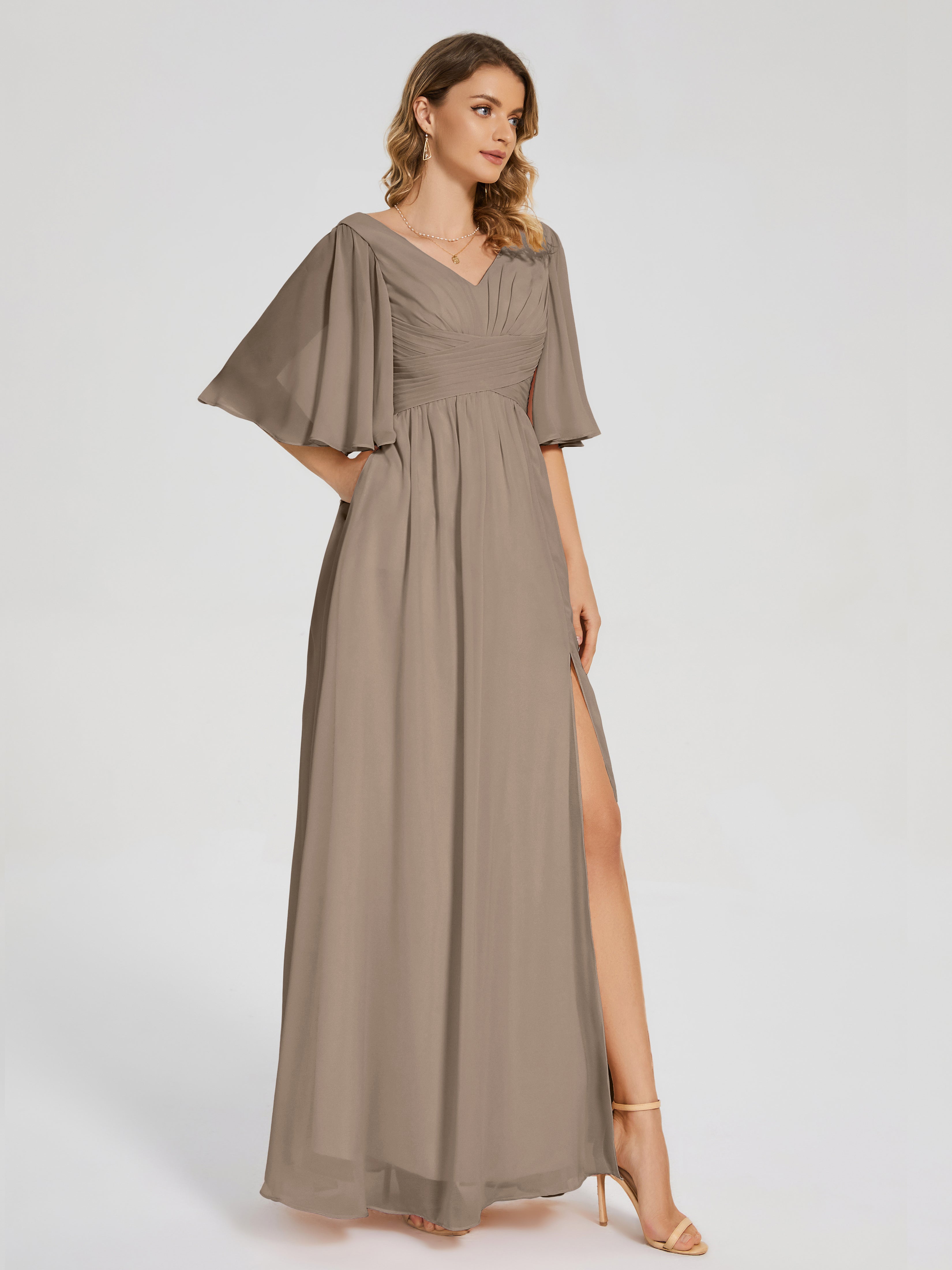 Amina Half Sleeves V-neck Chiffon Bridesmaid Dress
