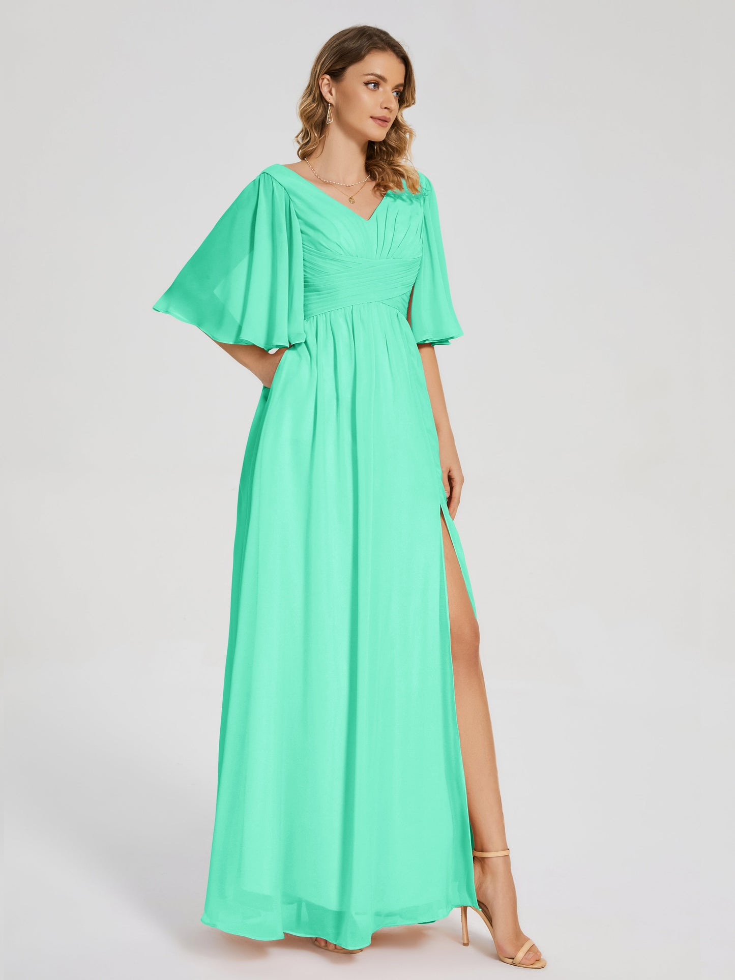 Amina Half Sleeves V-neck Chiffon Bridesmaid Dress