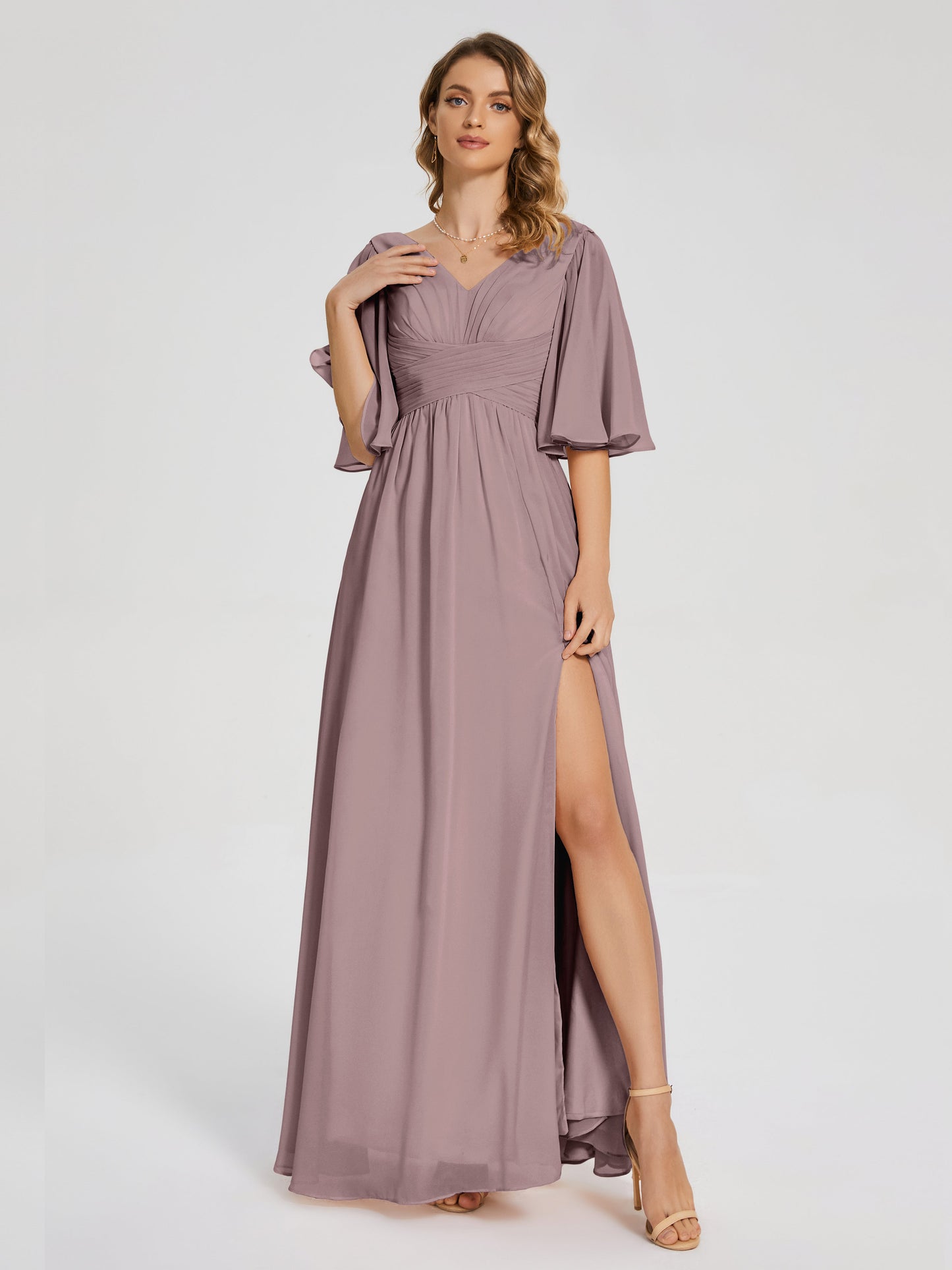 Amina Half Sleeves V-neck Chiffon Bridesmaid Dress