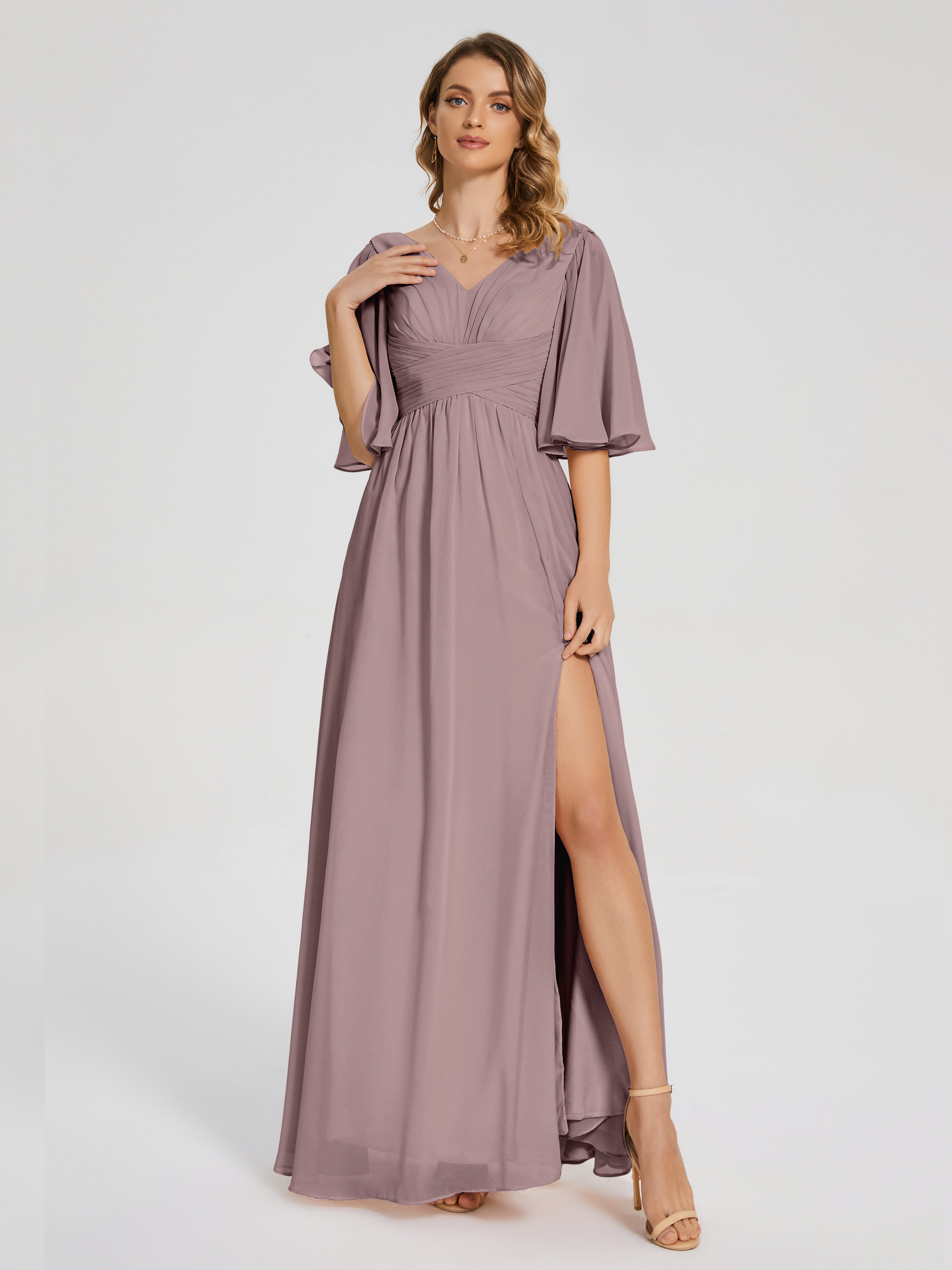Amina Half Sleeves V-neck Chiffon Bridesmaid Dress